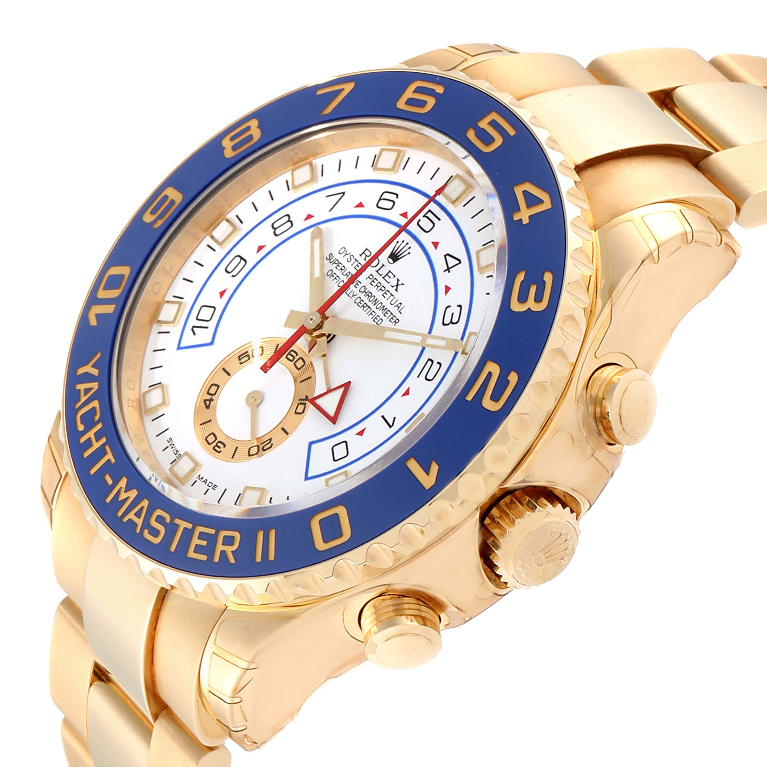The image shows a side angle of the Rolex Yacht-Master 116689 Men's Yellow Gold White Dial 116689 Men's Yellow Gold White Dial watch, highlighting the bezel, dial, and bracelet.