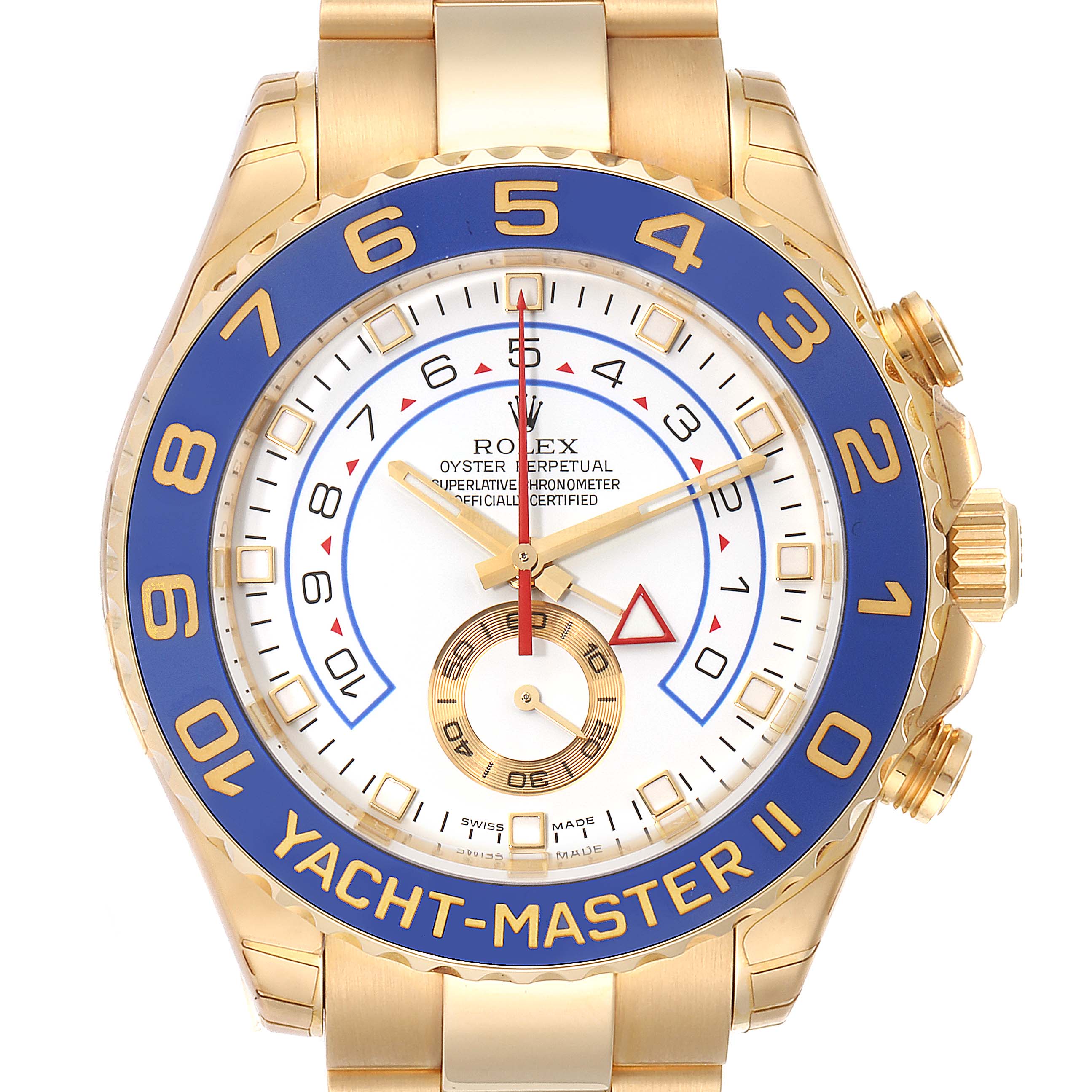 The image shows a front view of a Rolex Yacht-Master 116689 Men's Yellow Gold White Dial 116689 Men's Yellow Gold White Dial II watch, highlighting the face, bezel, and part of the band.