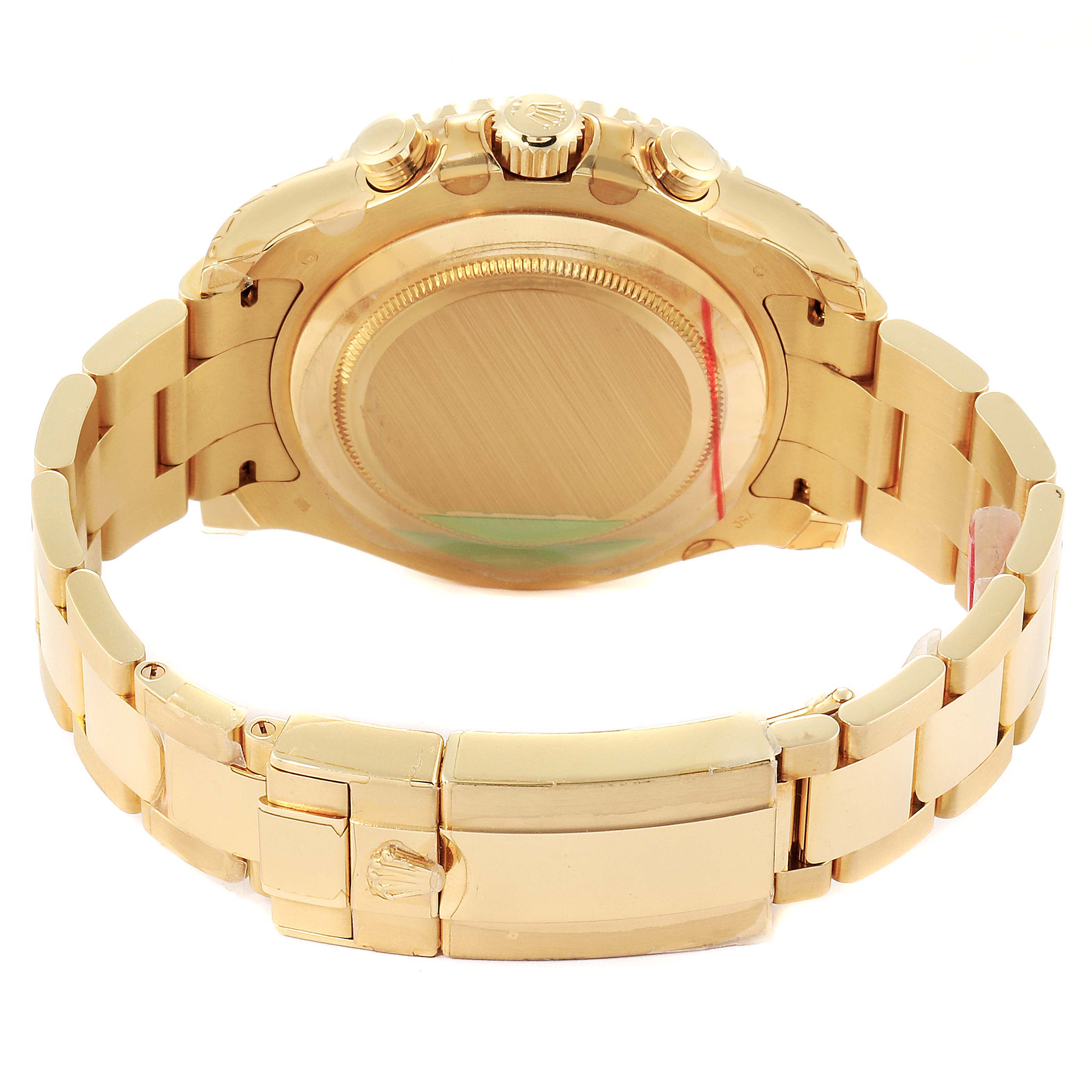 The image shows the back view of a Rolex Yacht-Master 116689 Men's Yellow Gold White Dial 116689 Men's Yellow Gold White Dial watch, highlighting its gold case, clasp, and bracelet.