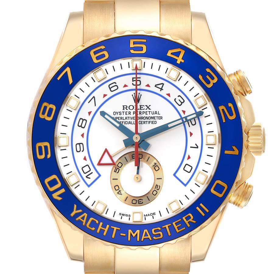 The Rolex Yacht-Master 116688 Men's Yellow Gold White Dial watch is shown from a top angle, highlighting the dial, bezels, and part of the bracelet.
