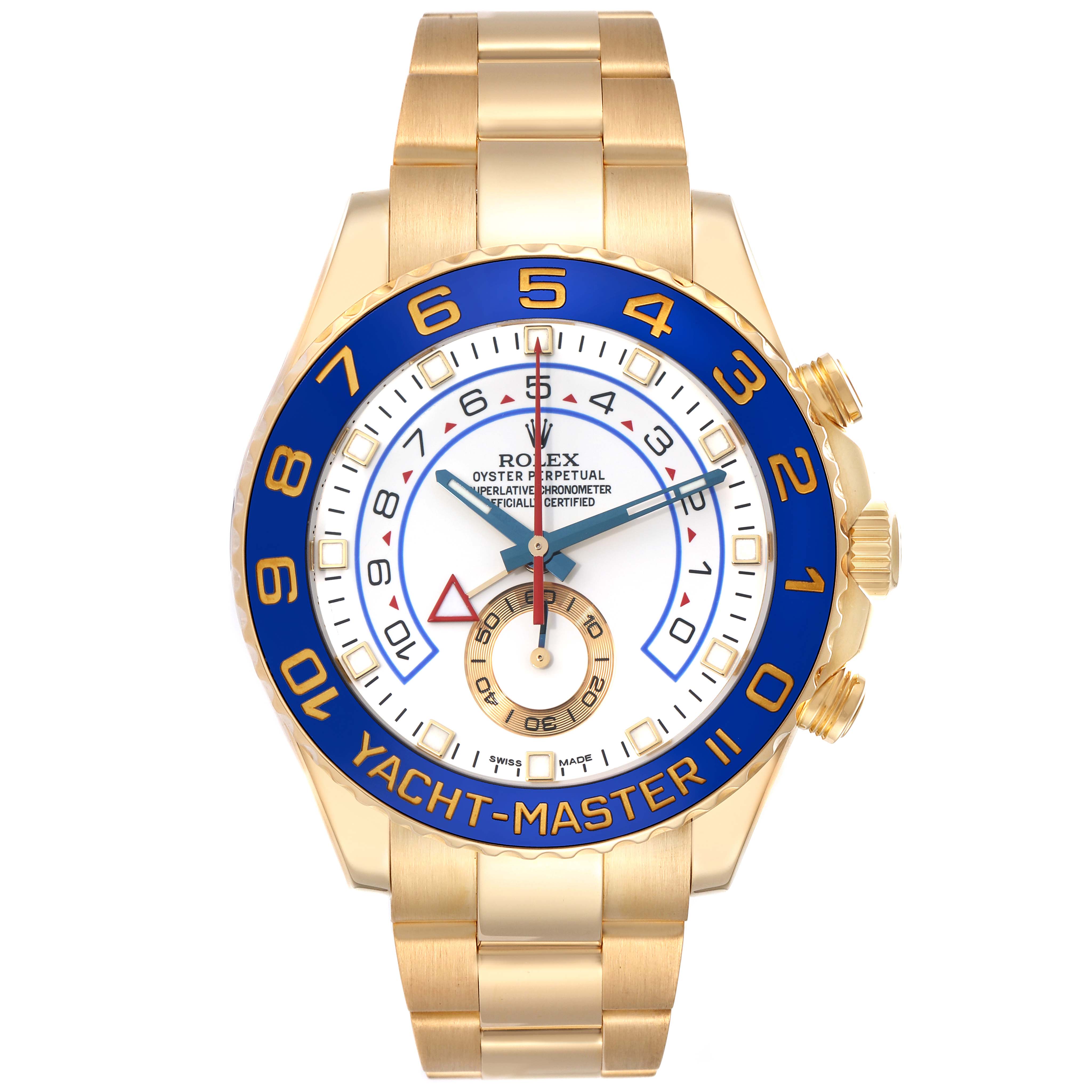 The Rolex Yacht-Master 116688 Men
s Yellow Gold White Dial model is shown from a top-down angle, displaying the dial, bezel, and bracelet prominently.
