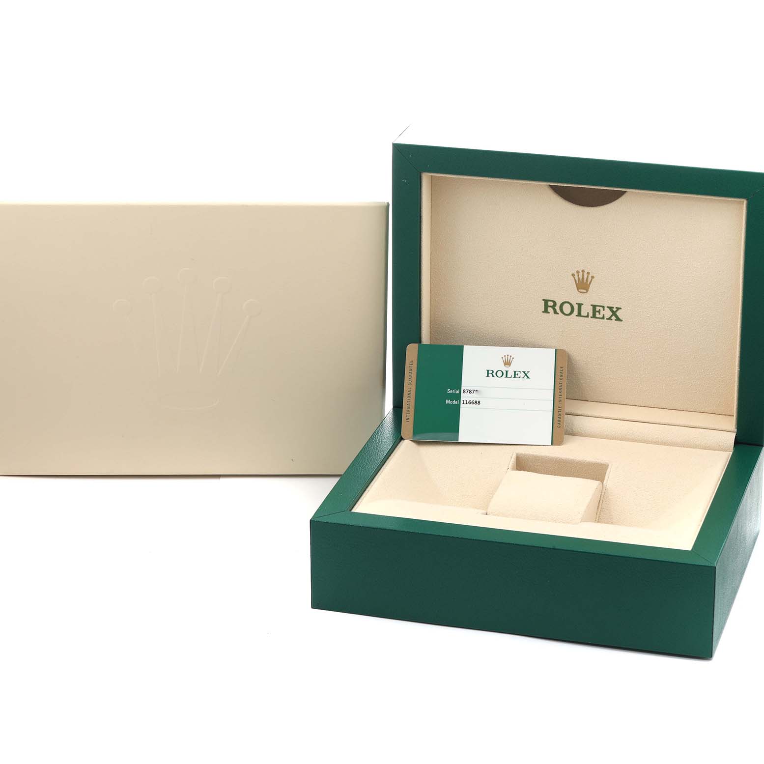 The image shows the open and empty box for a Rolex Yacht-Master 116688 Men
s Yellow Gold White Dial, displaying the inner label and warranty card.