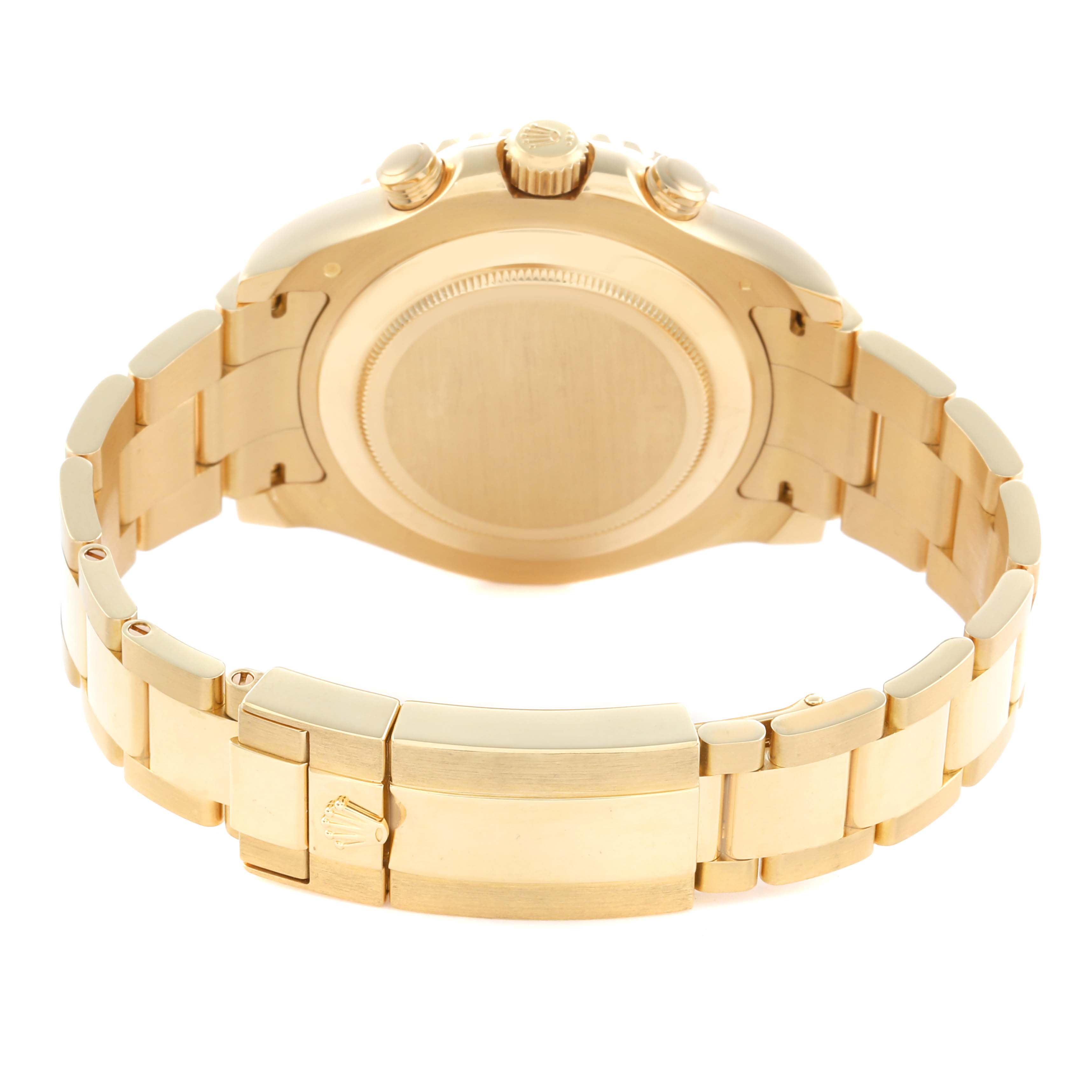 The Rolex Yacht-Master 116688 Men
s Yellow Gold White Dial watch is shown from the back, highlighting the case back, crown, and bracelet clasp.