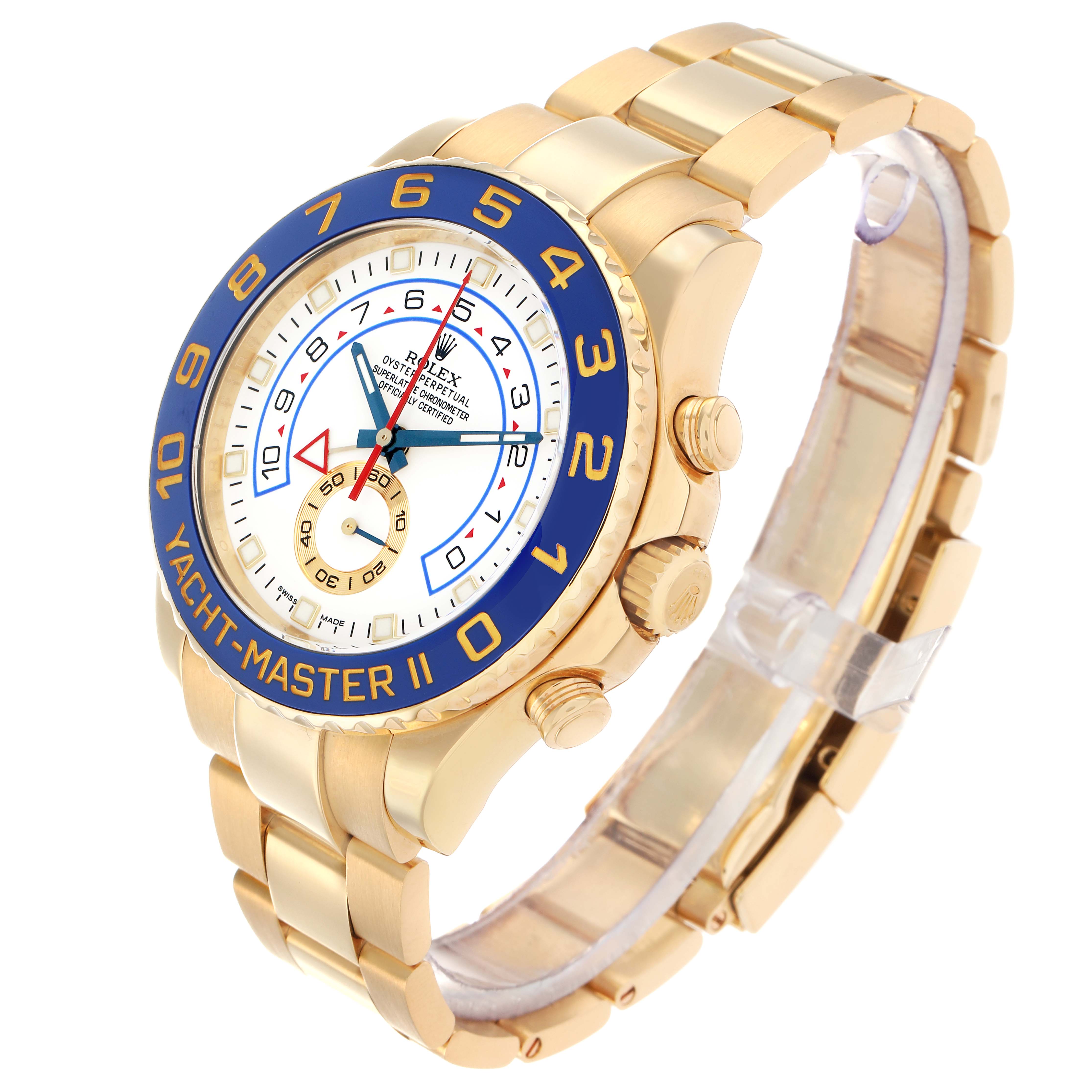 The Rolex Yacht-Master 116688 Men
s Yellow Gold White Dial II watch is shown from a three-quarter angle, displaying the dial, bezel, and part of the bracelet.