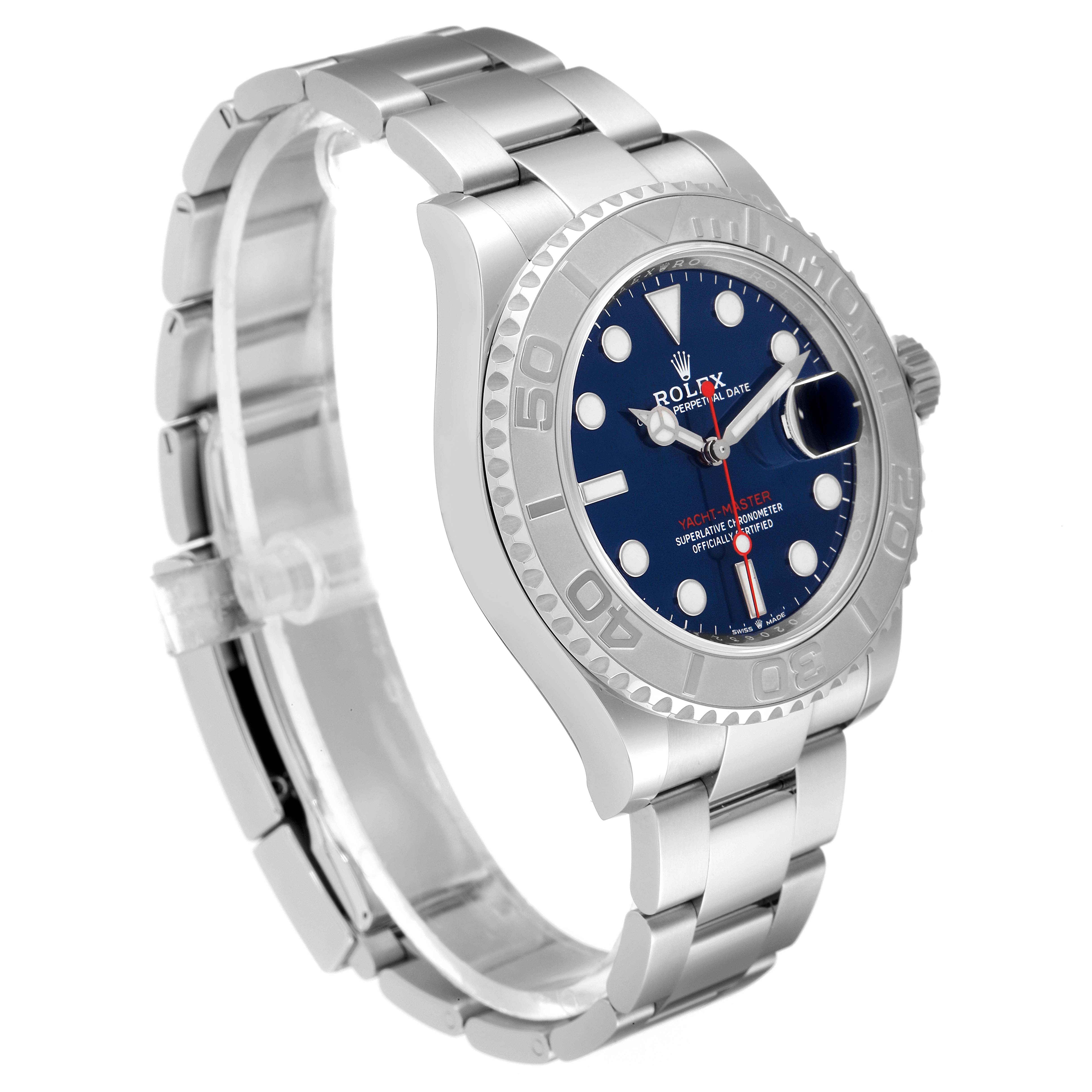 The Rolex Yacht-Master 126622 Men
s Stainless Steel Blue Dial 126622 Men
s Stainless Steel Blue Dial watch is shown at a 3/4 angle, displaying its face, bezel, and metal bracelet.