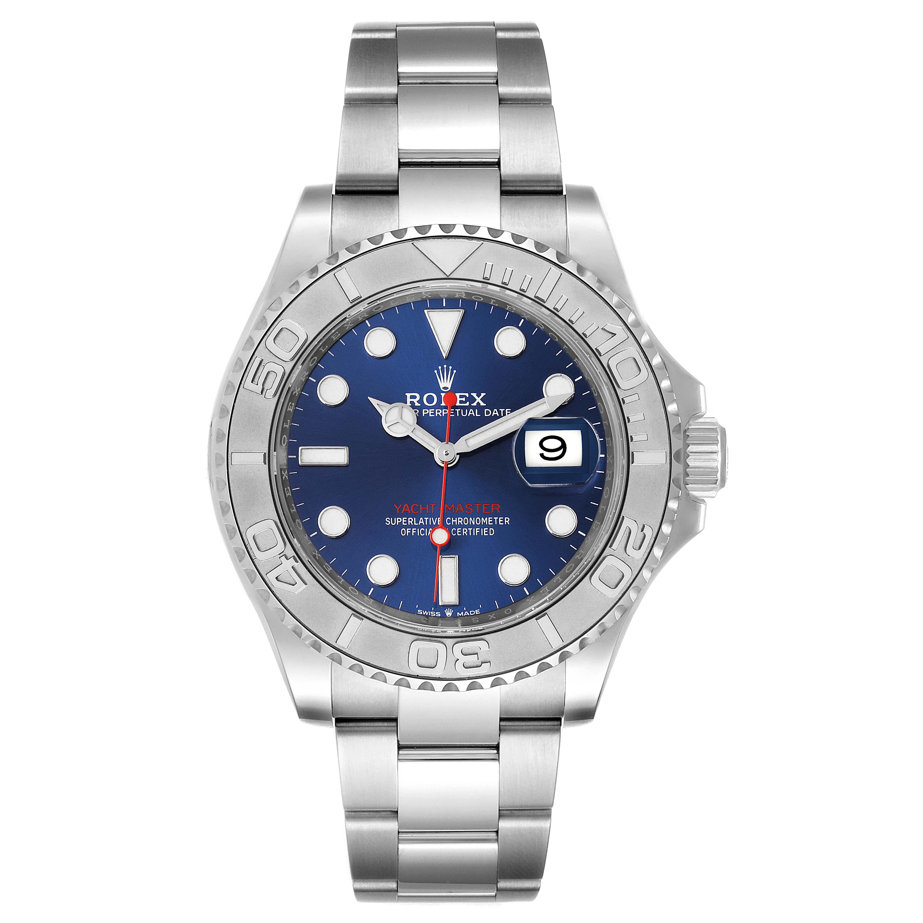 The image shows a front view of the Rolex Yacht-Master 126622 Men
s Stainless Steel Blue Dial 126622 Men
s Stainless Steel Blue Dial watch, displaying its face, bezel, and bracelet.