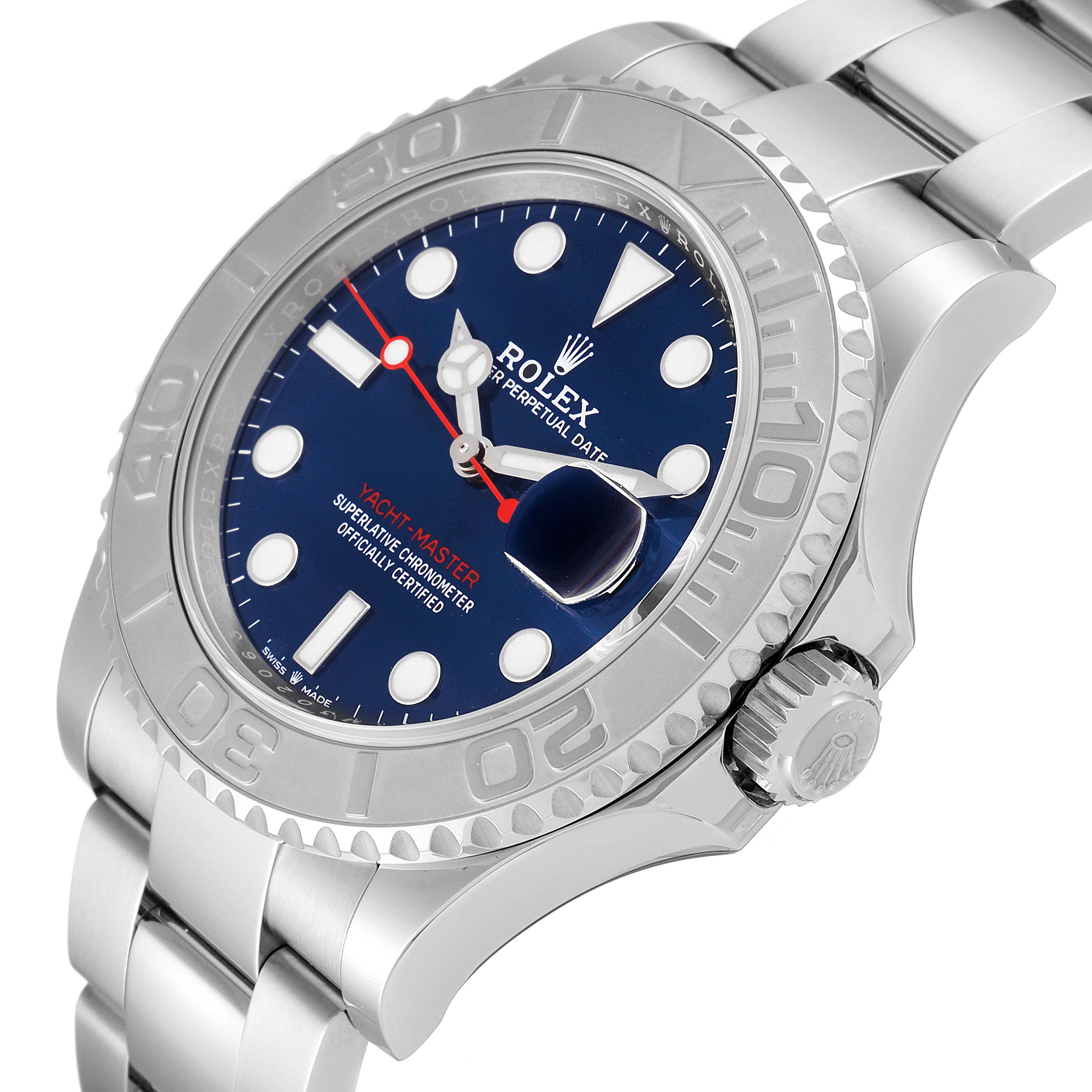 This image shows a Rolex Yacht-Master 126622 Men
s Stainless Steel Blue Dial 126622 Men
s Stainless Steel Blue Dial watch at a slight angle, highlighting its dial, bezel, crown, and part of the bracelet.