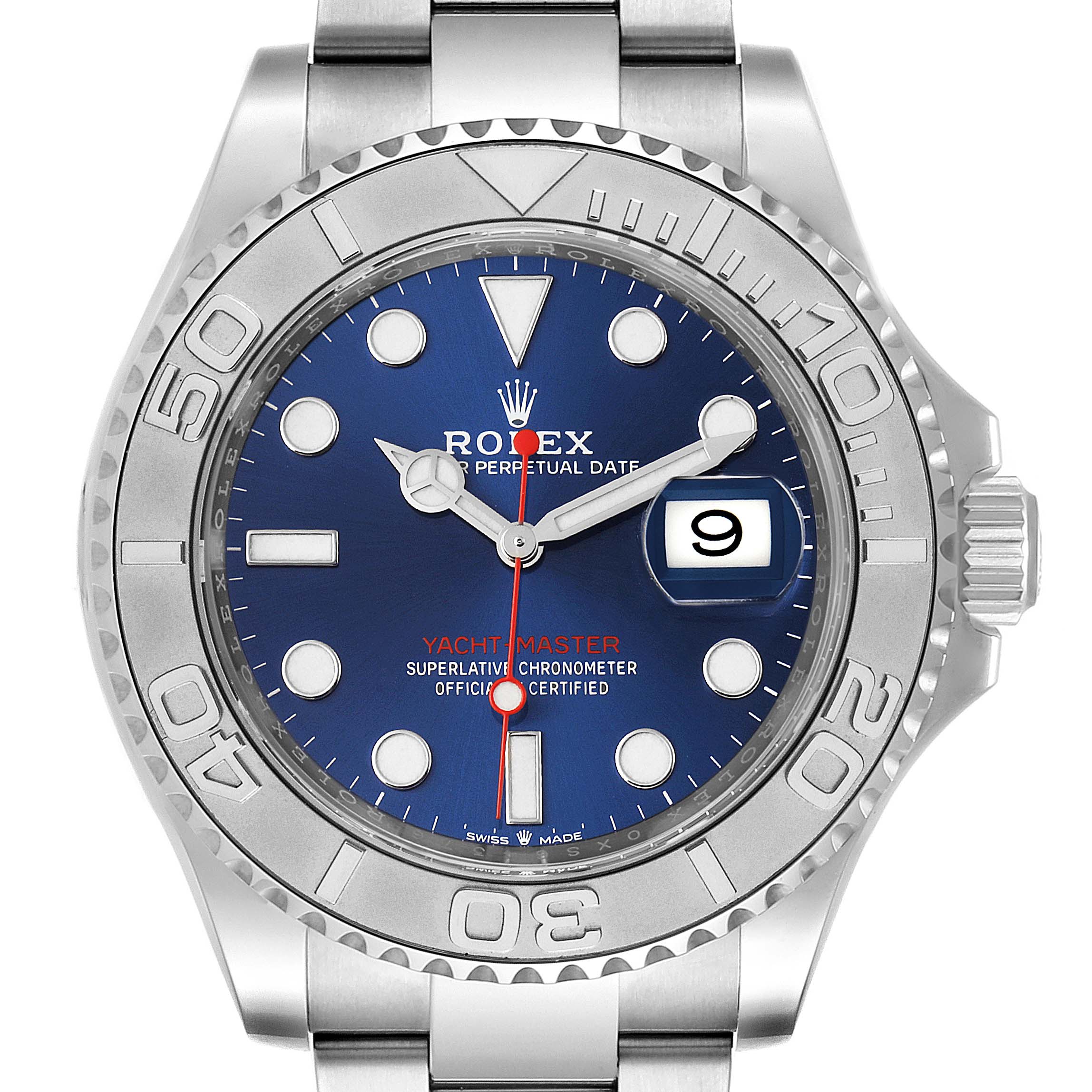 The Rolex Yacht-Master 126622 Men
s Stainless Steel Blue Dial 126622 Men
s Stainless Steel Blue Dial watch is shown from the front, displaying the dial, hands, date window, bezel, and part of the bracelet.