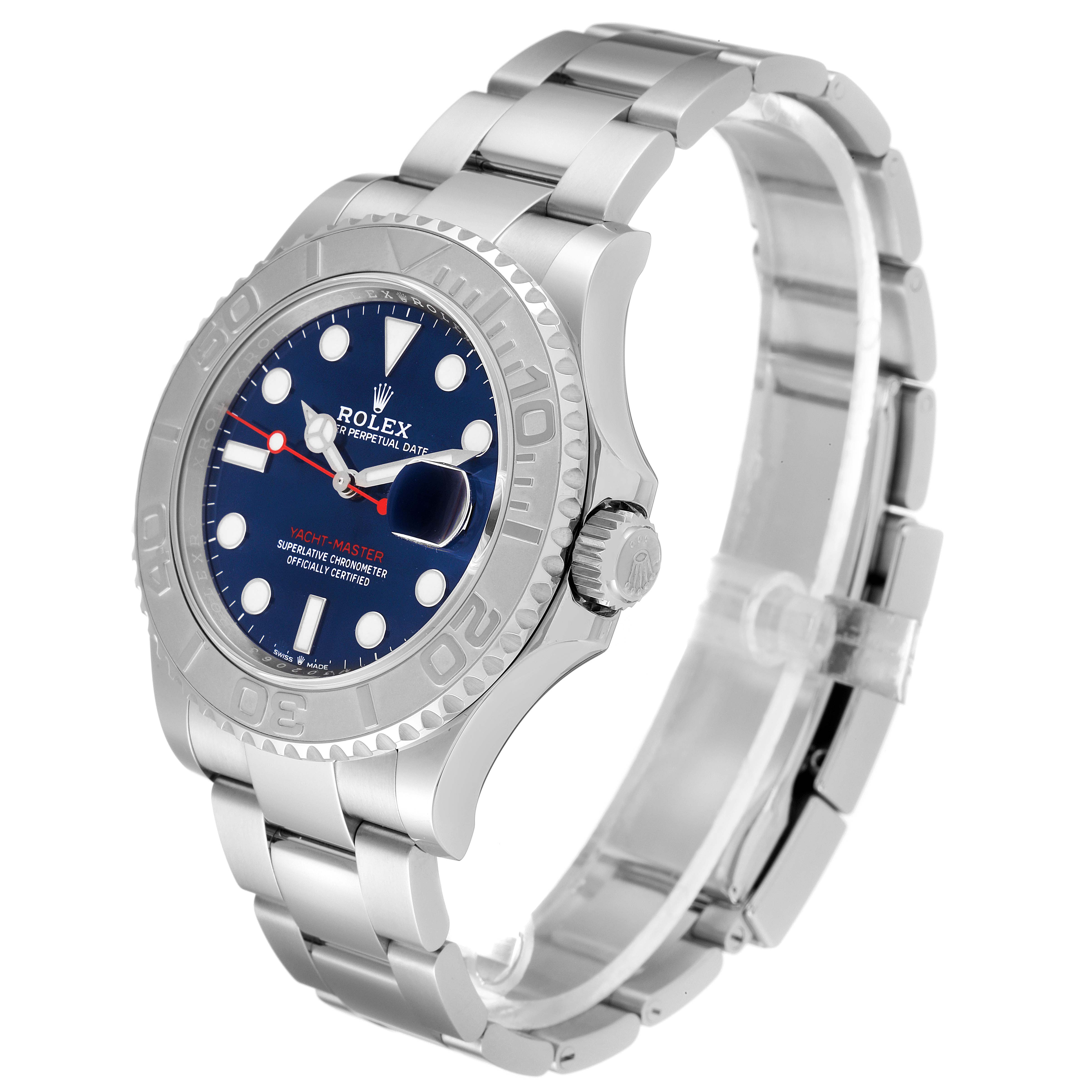 The Rolex Yacht-Master 126622 Men
s Stainless Steel Blue Dial 126622 Men
s Stainless Steel Blue Dial watch is shown at a slight angle, displaying the face, bezel, crown, and stainless steel bracelet.