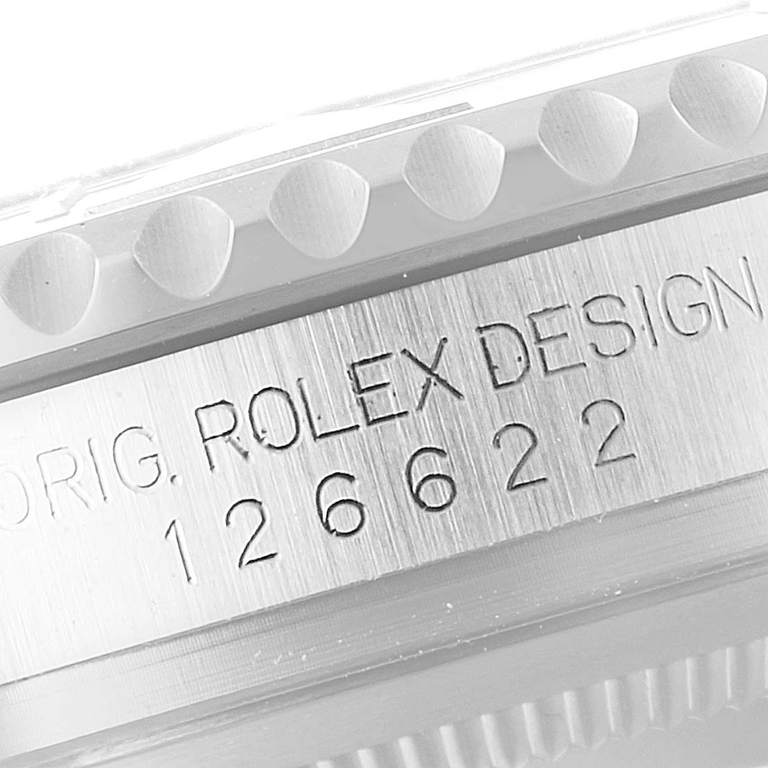 This close-up shows the side case with engraving details of a Rolex Yacht-Master 126622 Men
s Stainless Steel Blue Dial 126622 Men
s Stainless Steel Blue Dial watch.