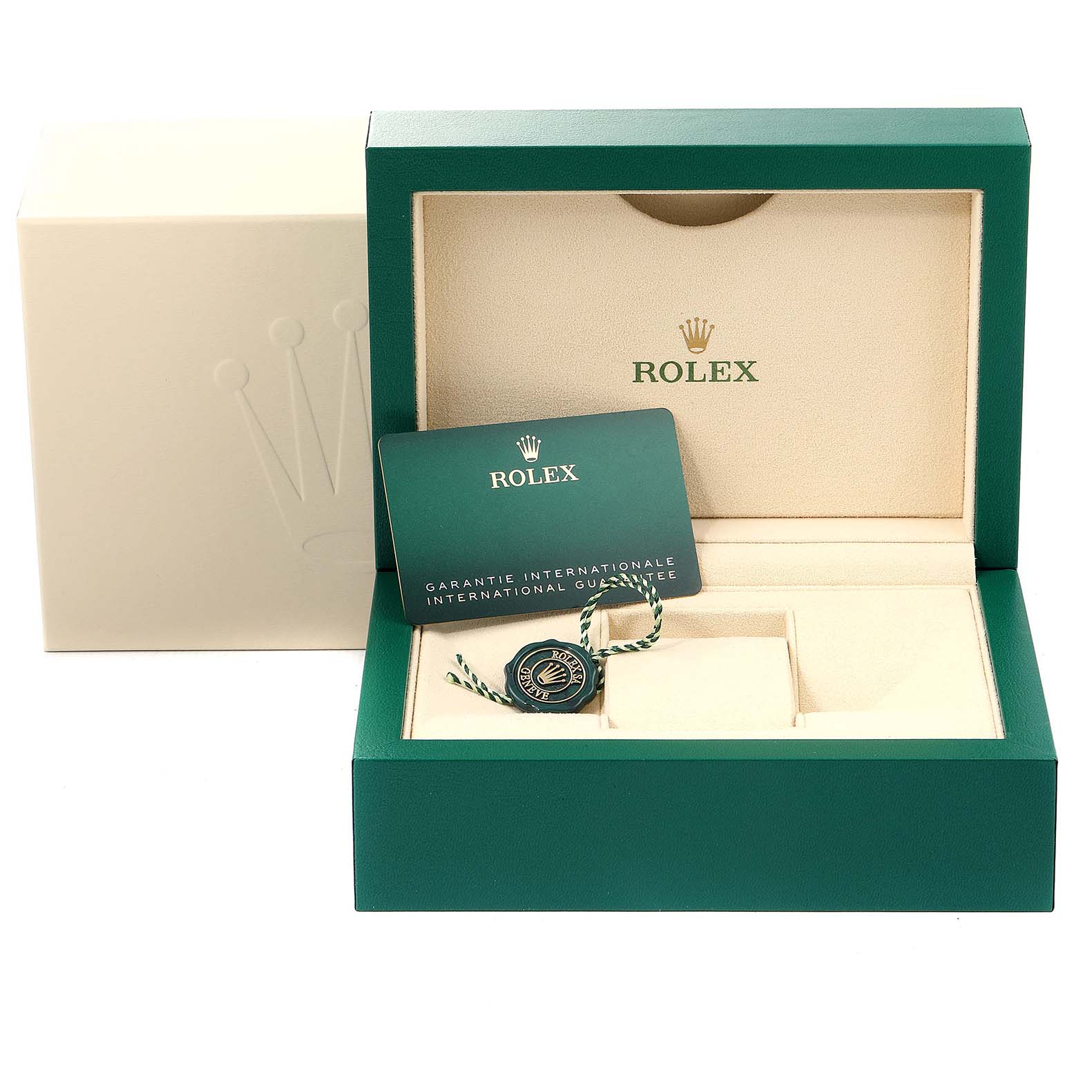 The image shows the open box for a Rolex Yacht-Master 126622 Men
s Stainless Steel Blue Dial 126622 Men
s Stainless Steel Blue Dial watch, along with a warranty card and a hang tag.