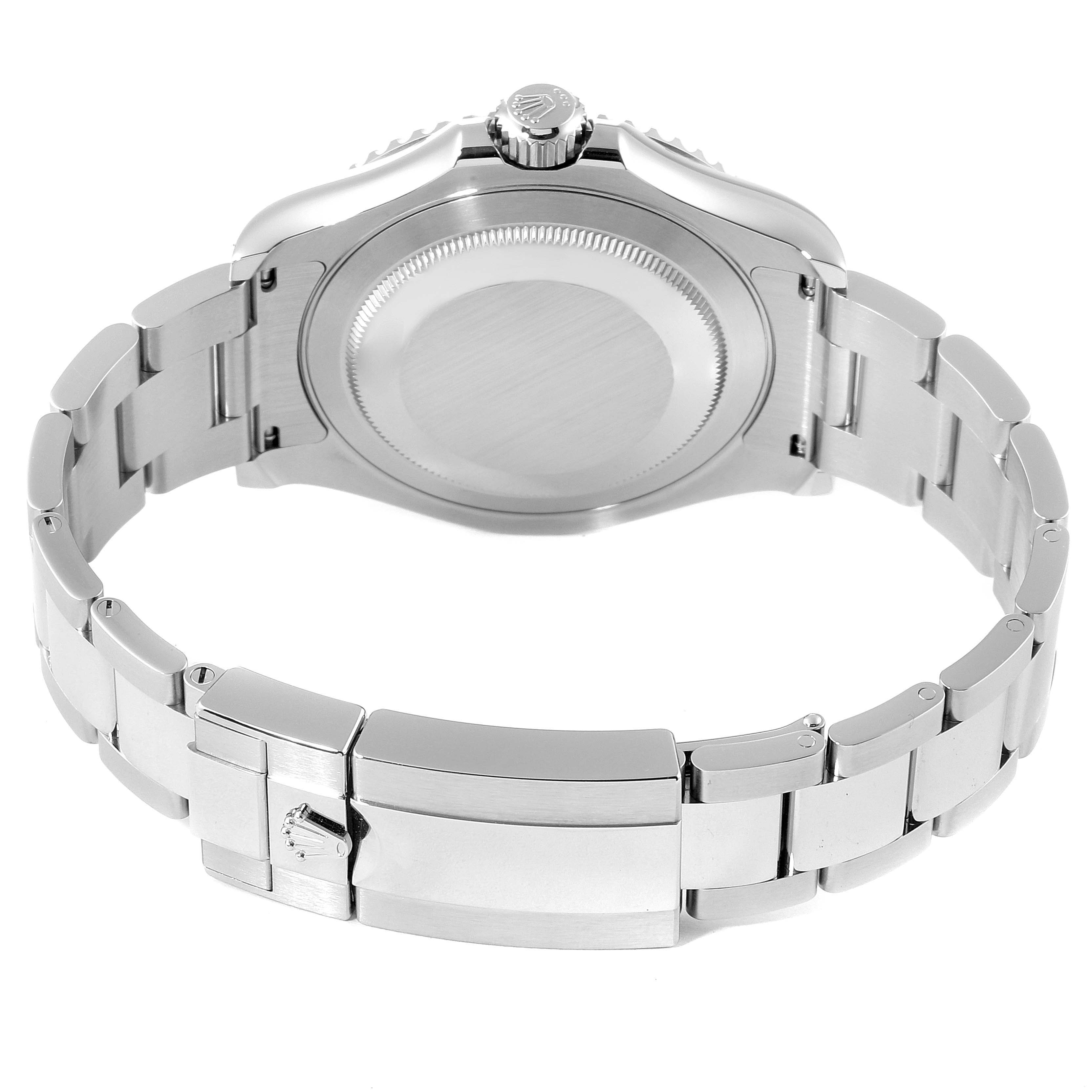 The image shows the back side and clasp of a Rolex Yacht-Master 126622 Men
s Stainless Steel Blue Dial 126622 Men
s Stainless Steel Blue Dial watch, focusing on the stainless steel bracelet and caseback.