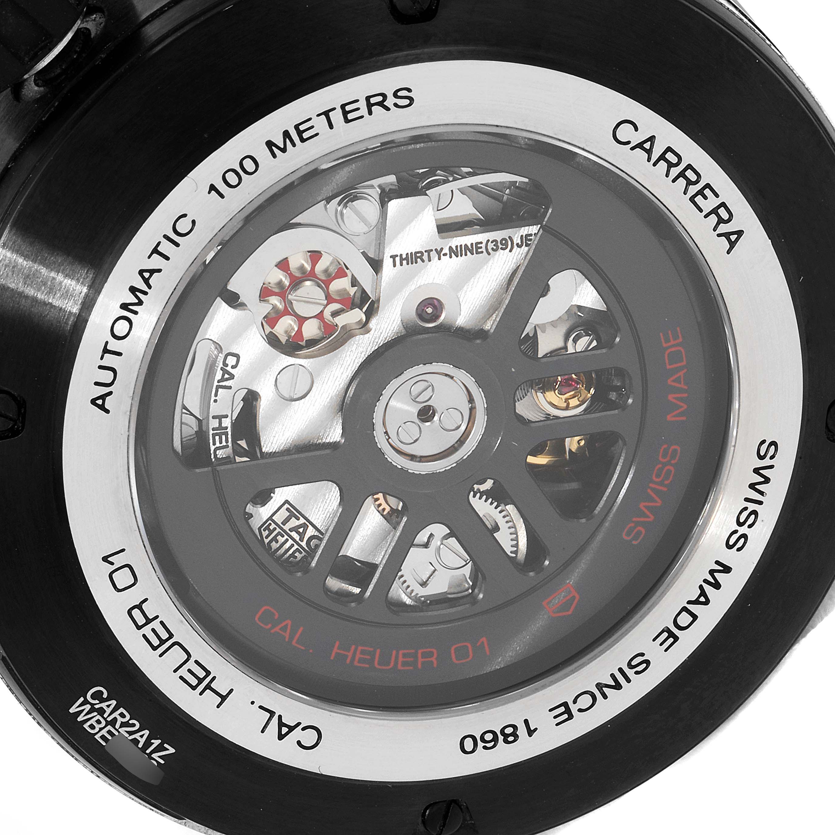 This image shows the back view of the Tag Heuer Carrera CAR2A1Z.FT6044 Men
s Stainless Steel Black Dial CAR2A1Z.FT6044 Men
s Stainless Steel Black Dial watch, highlighting the automatic movement and specifications.