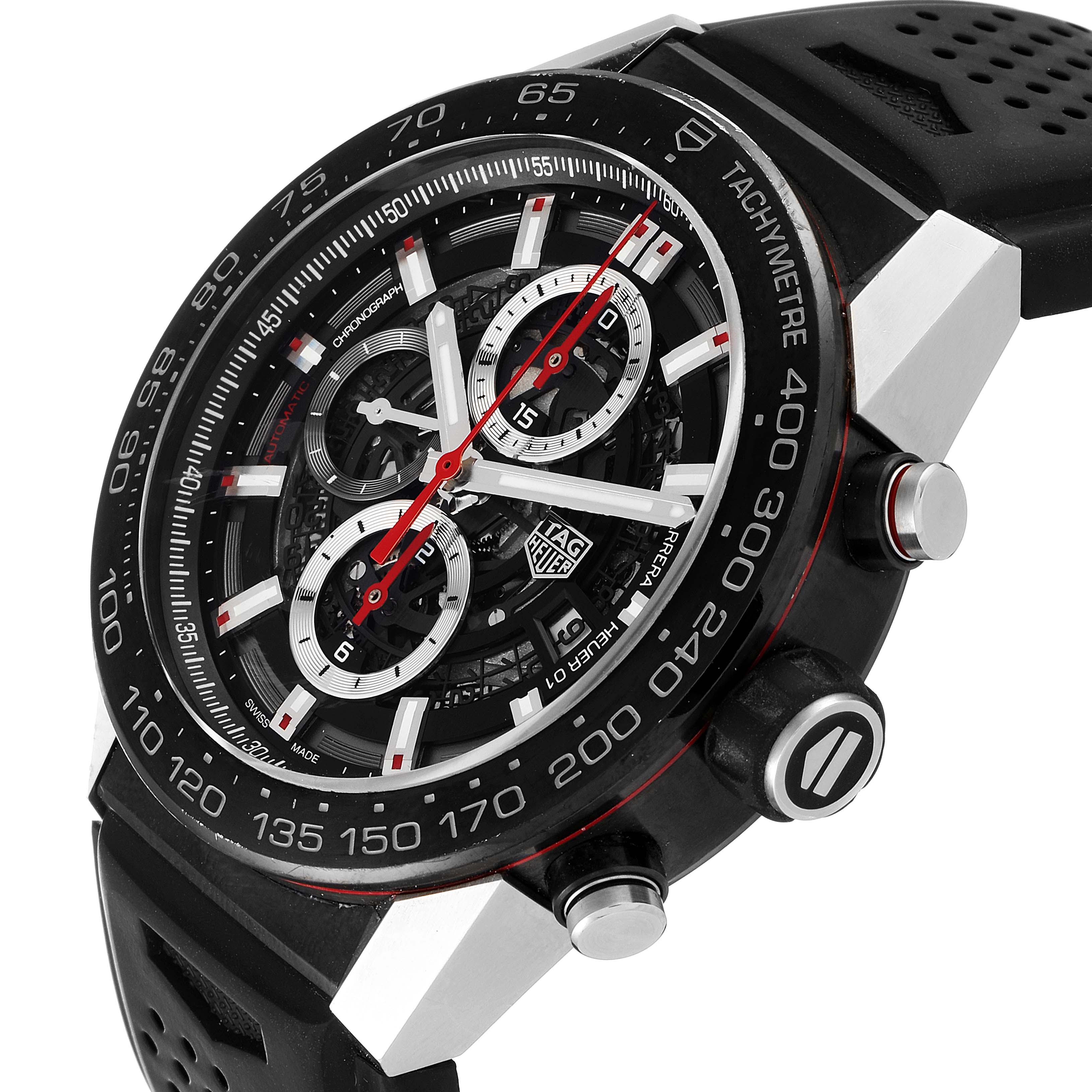 The image shows a close-up, angled view of the face and side of a Tag Heuer Carrera CAR2A1Z.FT6044 Men
s Stainless Steel Black Dial CAR2A1Z.FT6044 Men
s Stainless Steel Black Dial watch, highlighting its dials and crown.