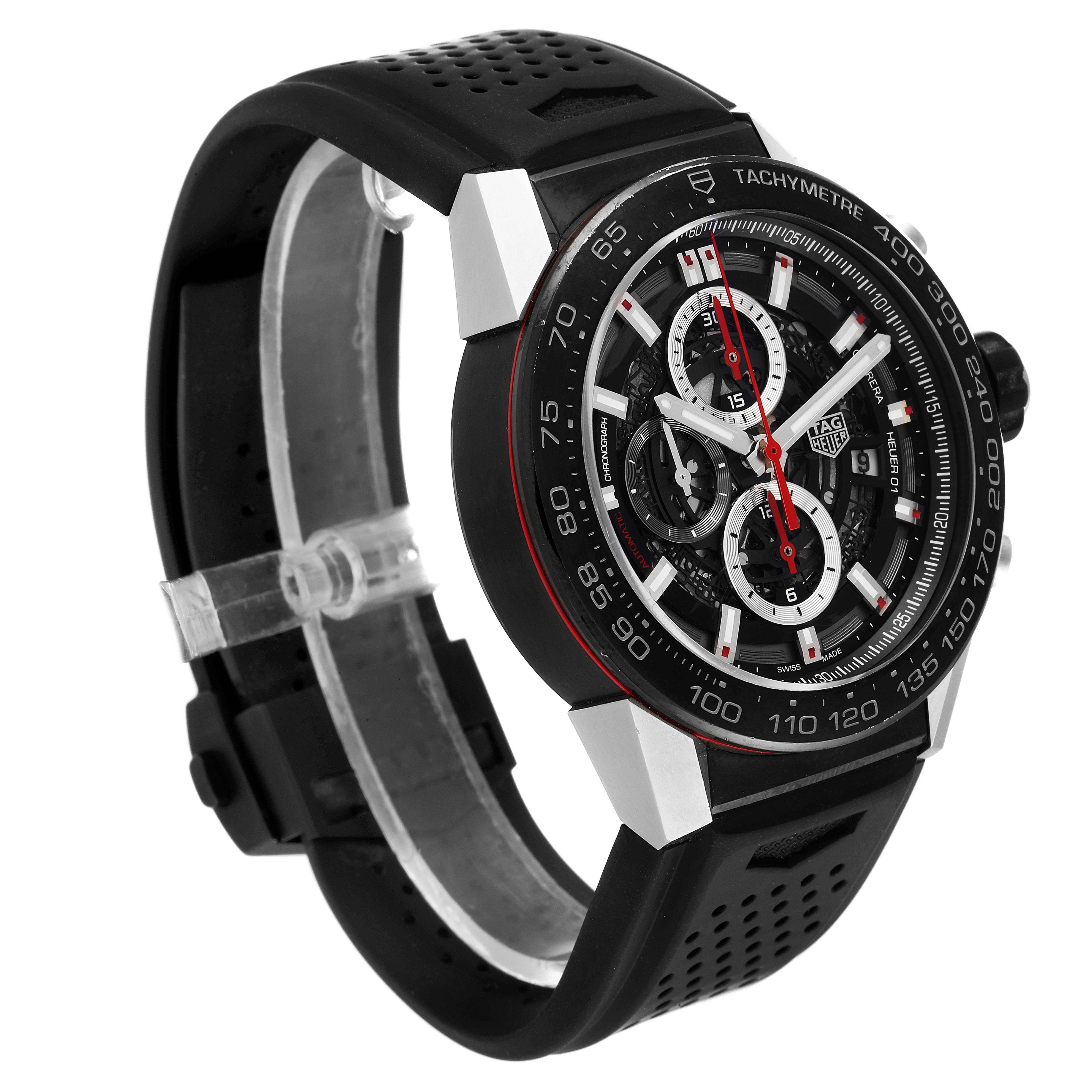 The Tag Heuer Carrera CAR2A1Z.FT6044 Men
s Stainless Steel Black Dial CAR2A1Z.FT6044 Men
s Stainless Steel Black Dial watch is displayed at a three-quarter angle, showcasing its face, bezel, and black rubber strap.