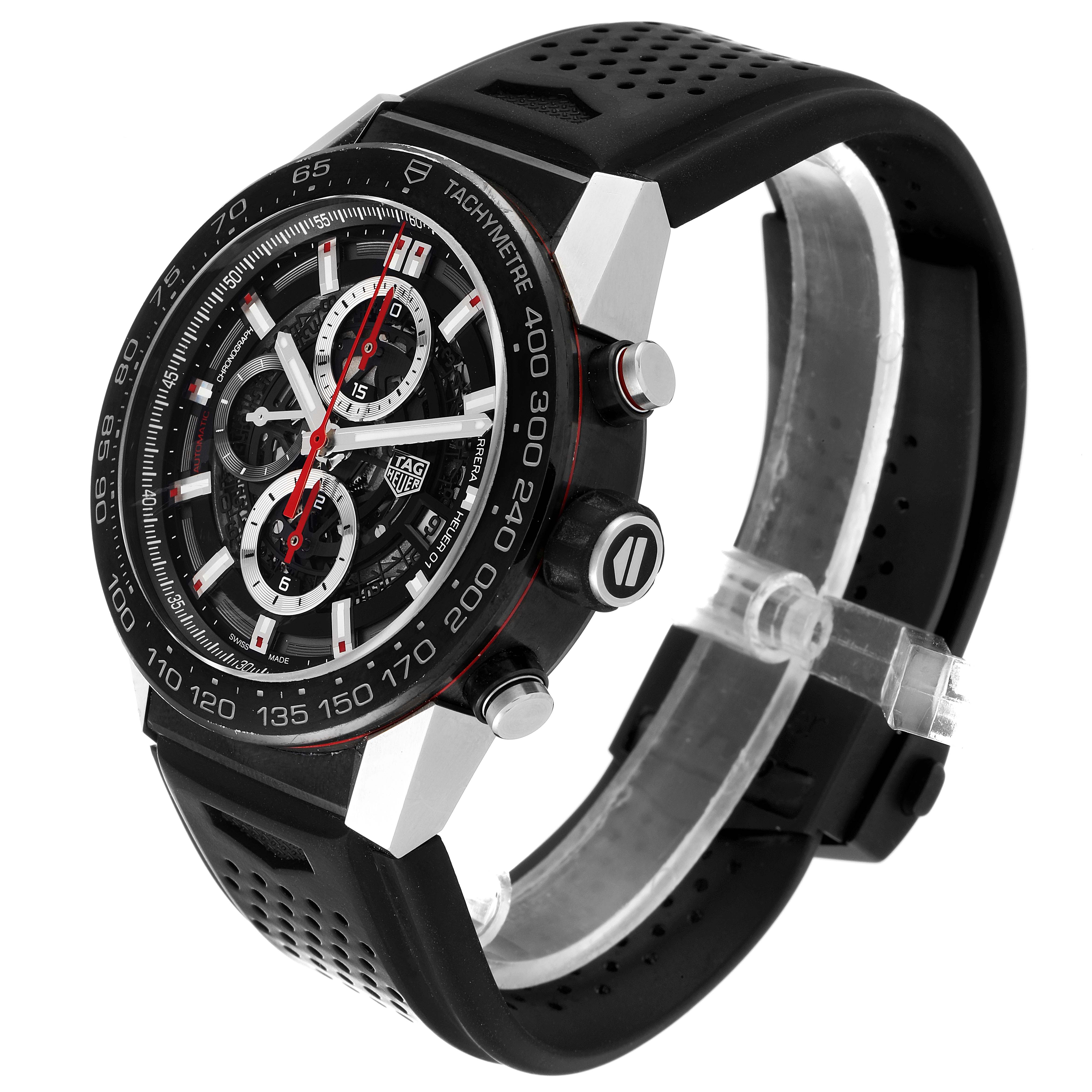 The Tag Heuer Carrera CAR2A1Z.FT6044 Men
s Stainless Steel Black Dial CAR2A1Z.FT6044 Men
s Stainless Steel Black Dial watch is shown at a three-quarter angle, displaying the face, bezel, case, and part of the black strap.