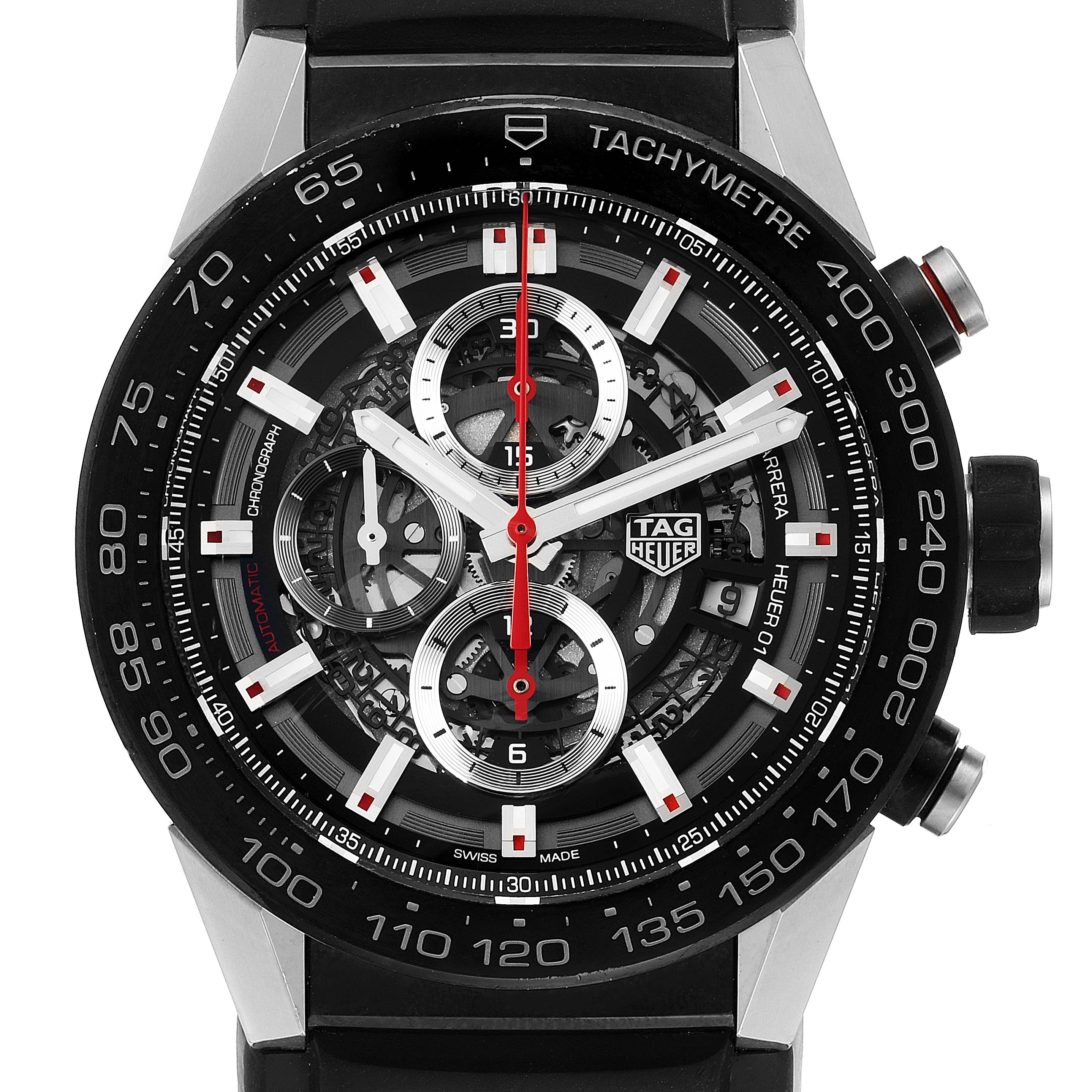The image shows a front view of the Tag Heuer Carrera CAR2A1Z.FT6044 Men
s Stainless Steel Black Dial CAR2A1Z.FT6044 Men
s Stainless Steel Black Dial watch, highlighting its dial, hands, subdials, and tachymeter bezel.