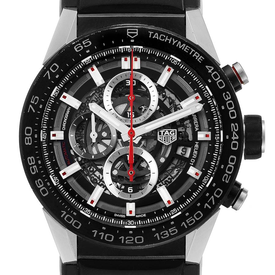 The image shows a front view of the Tag Heuer Carrera watch, highlighting its dial, hands, subdials, and tachymeter bezel.