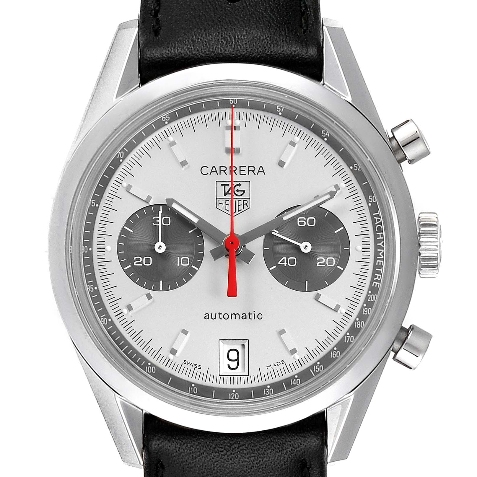 This is a front view of the Tag Heuer Carrera Limited Edition watch, showing the dial, subdials, date window, and crown.