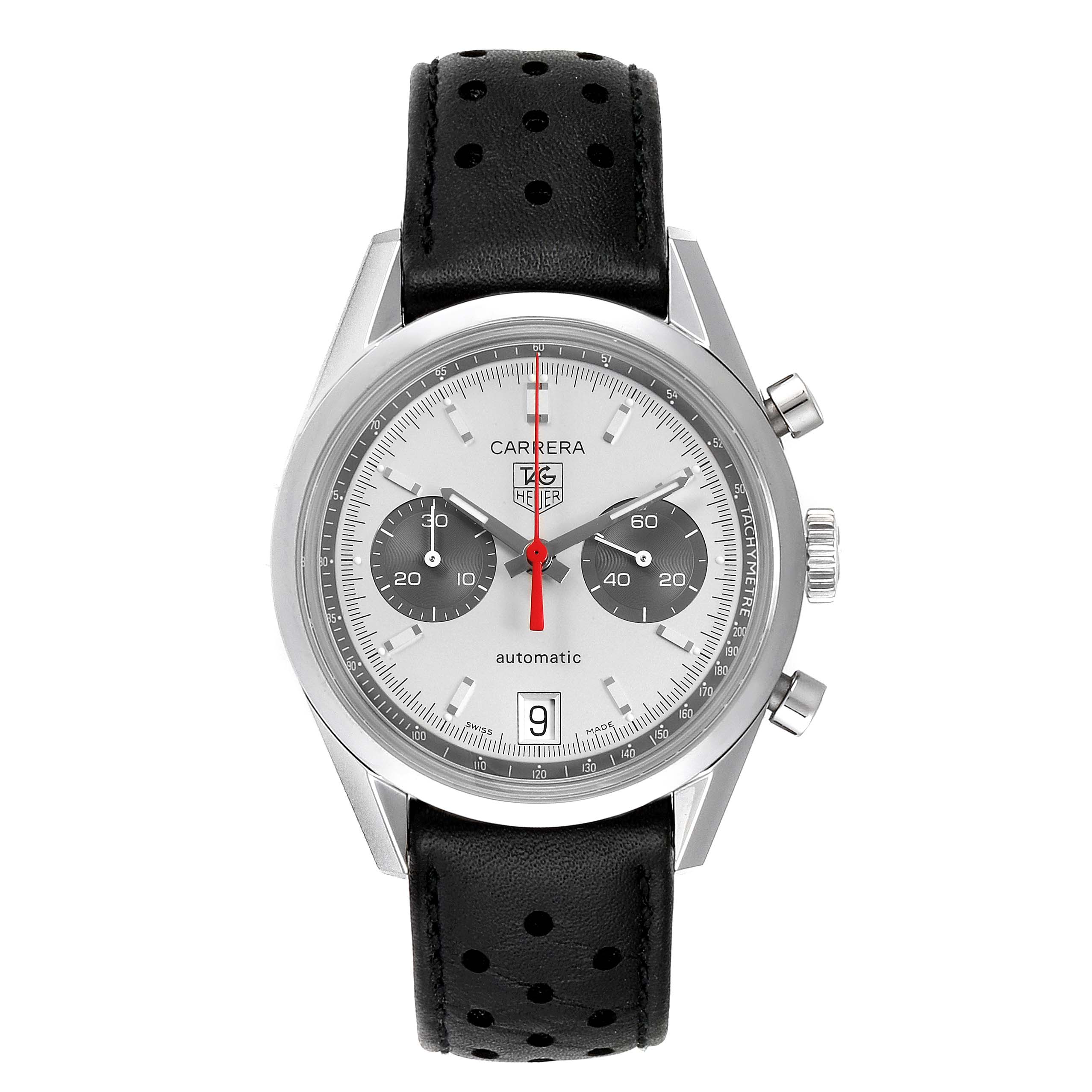This is a front view of the Tag Heuer Carrera Limited Edition watch showing the case, dial, chronograph subdials, date, and leather strap.