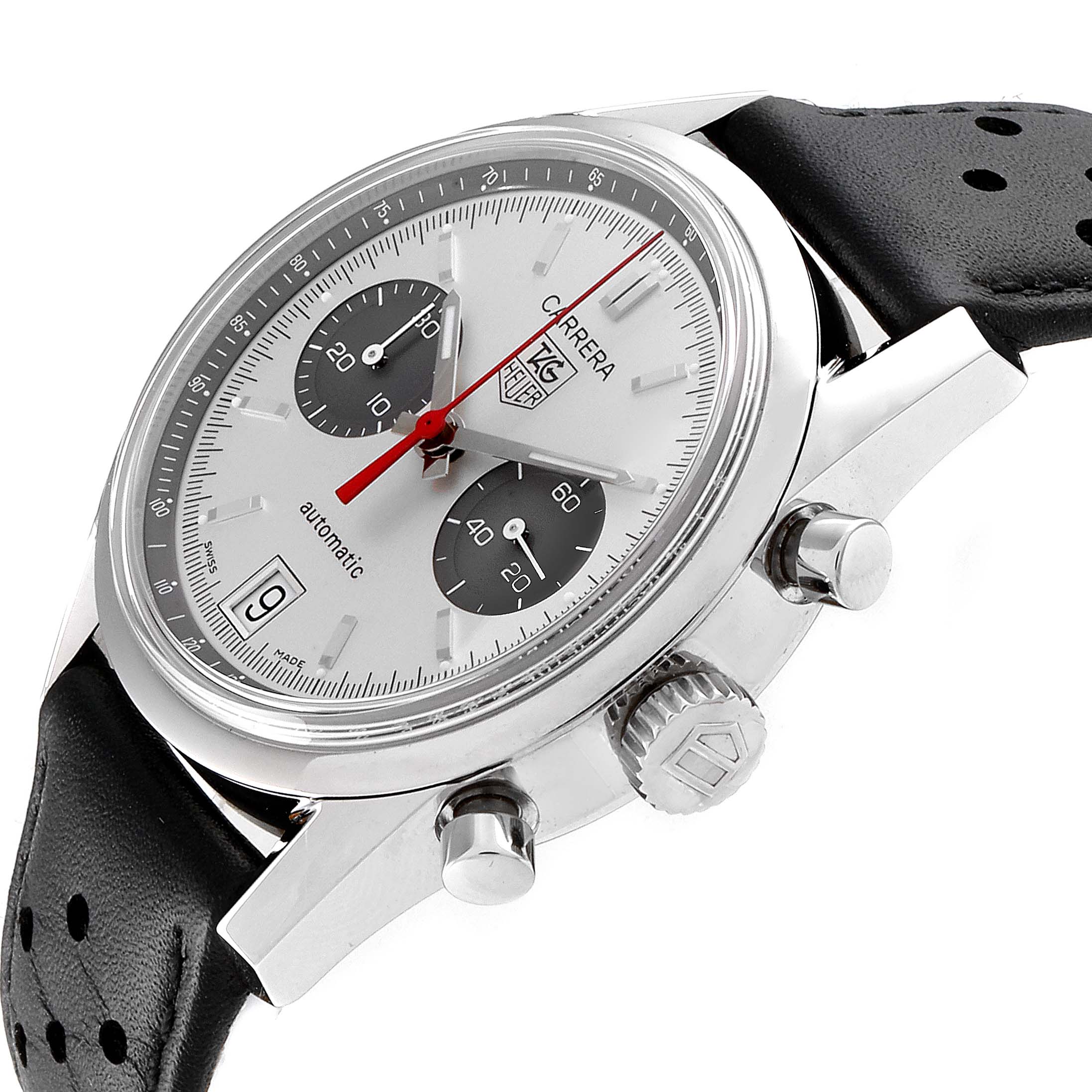 This image shows a side angle of the Tag Heuer Carrera Limited Edition watch, featuring the crown, pushers, and a perforated leather strap.