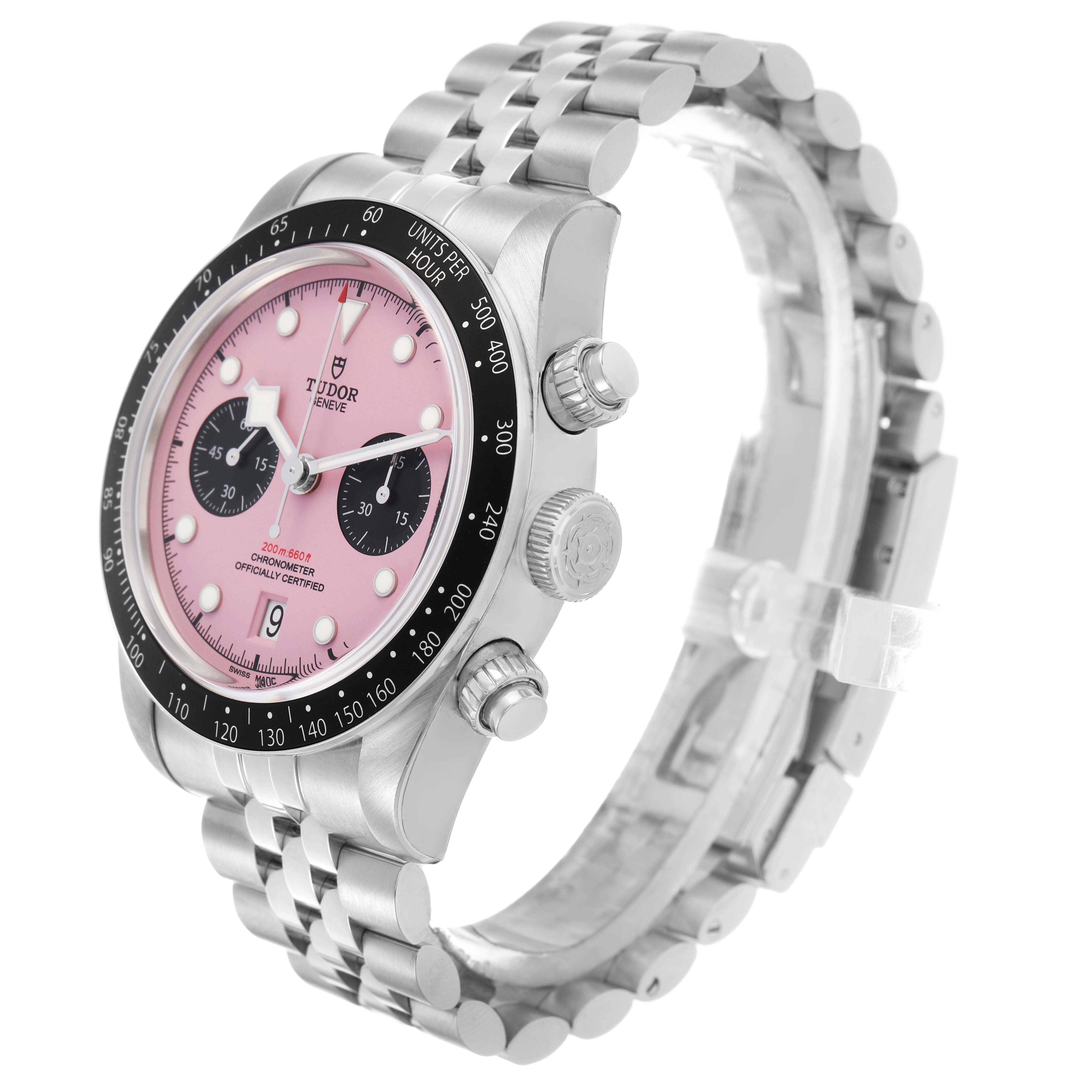 The image shows a side view of a Tudor Heritage Black Bay M79360N Men's Stainless Steel Pink Dial watch with a pink dial, bezel, crown, and bracelet.