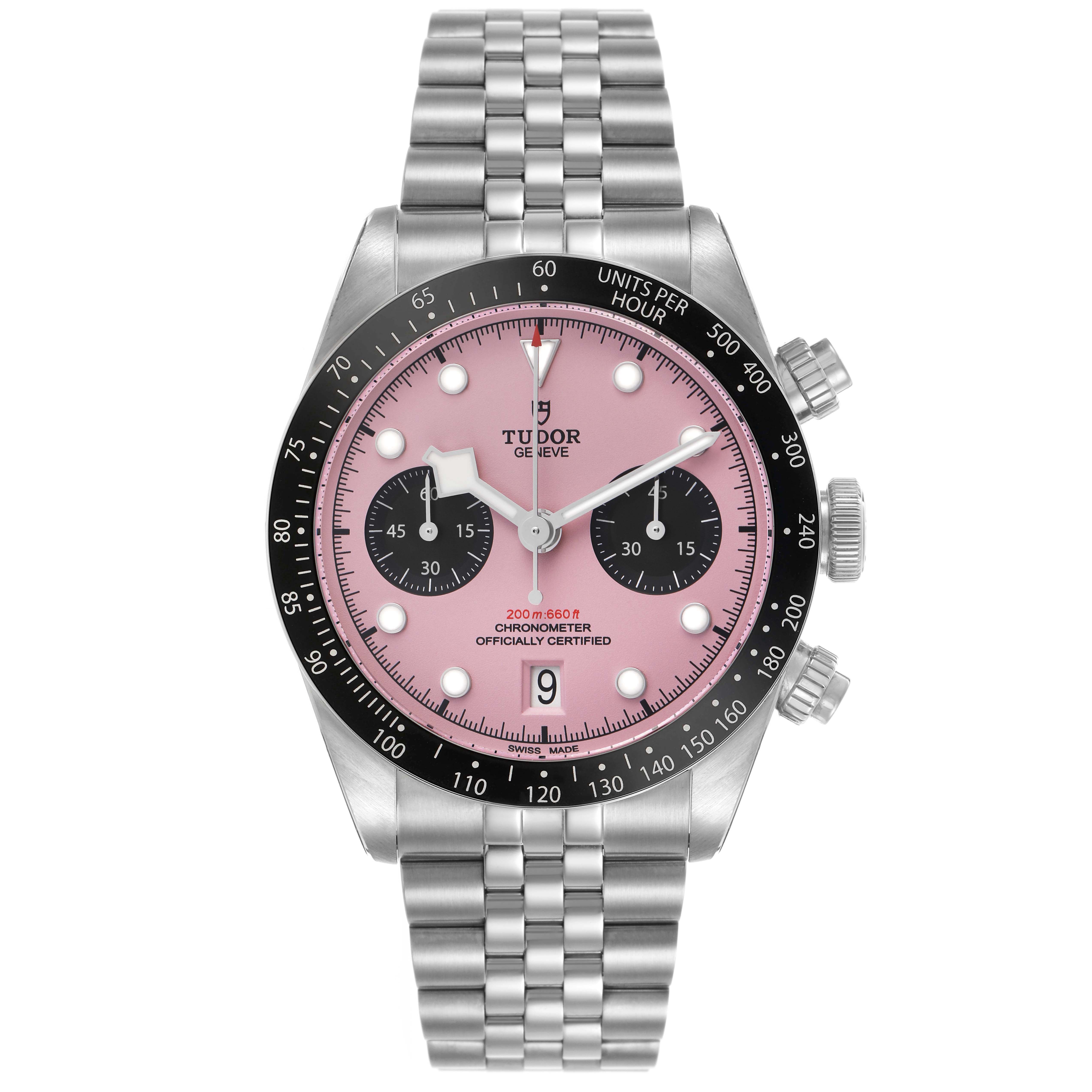 The Tudor Heritage Black Bay M79360N Men's Stainless Steel Pink Dial watch is shown from the front, highlighting its pink dial, chronograph subdials, bezel, and metal bracelet.