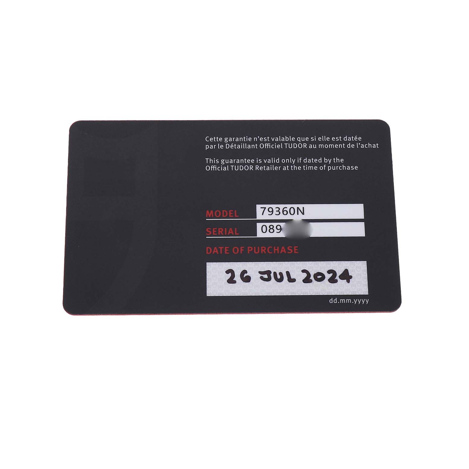 The image shows a warranty card for the Tudor Heritage Black Bay M79360N Men's Stainless Steel Pink Dial model, displaying model, serial number, and purchase date.