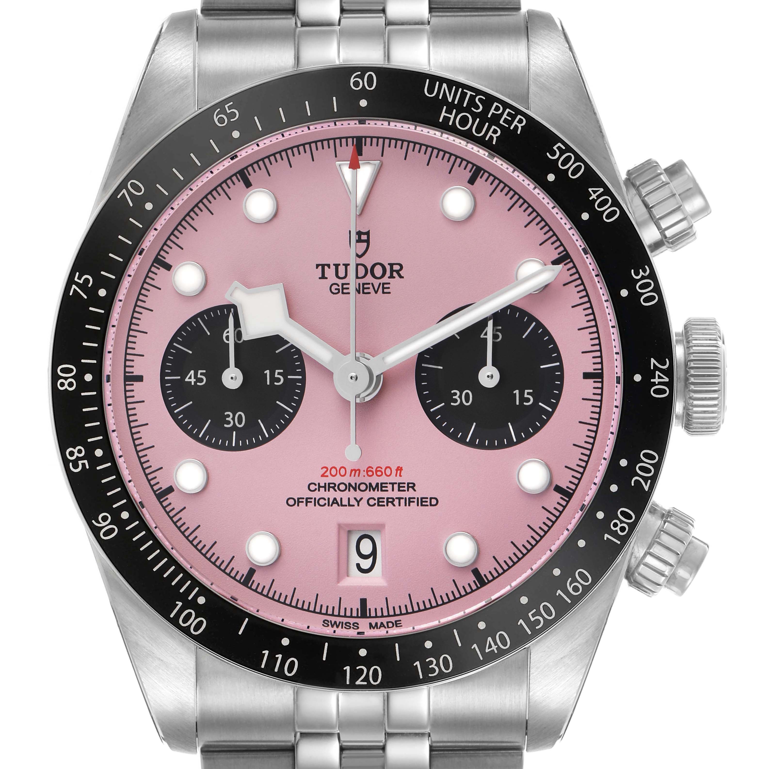 The image shows a front view of the Tudor Heritage Black Bay M79360N Men's Stainless Steel Pink Dial watch, highlighting its pink dial, subdials, and bezel.