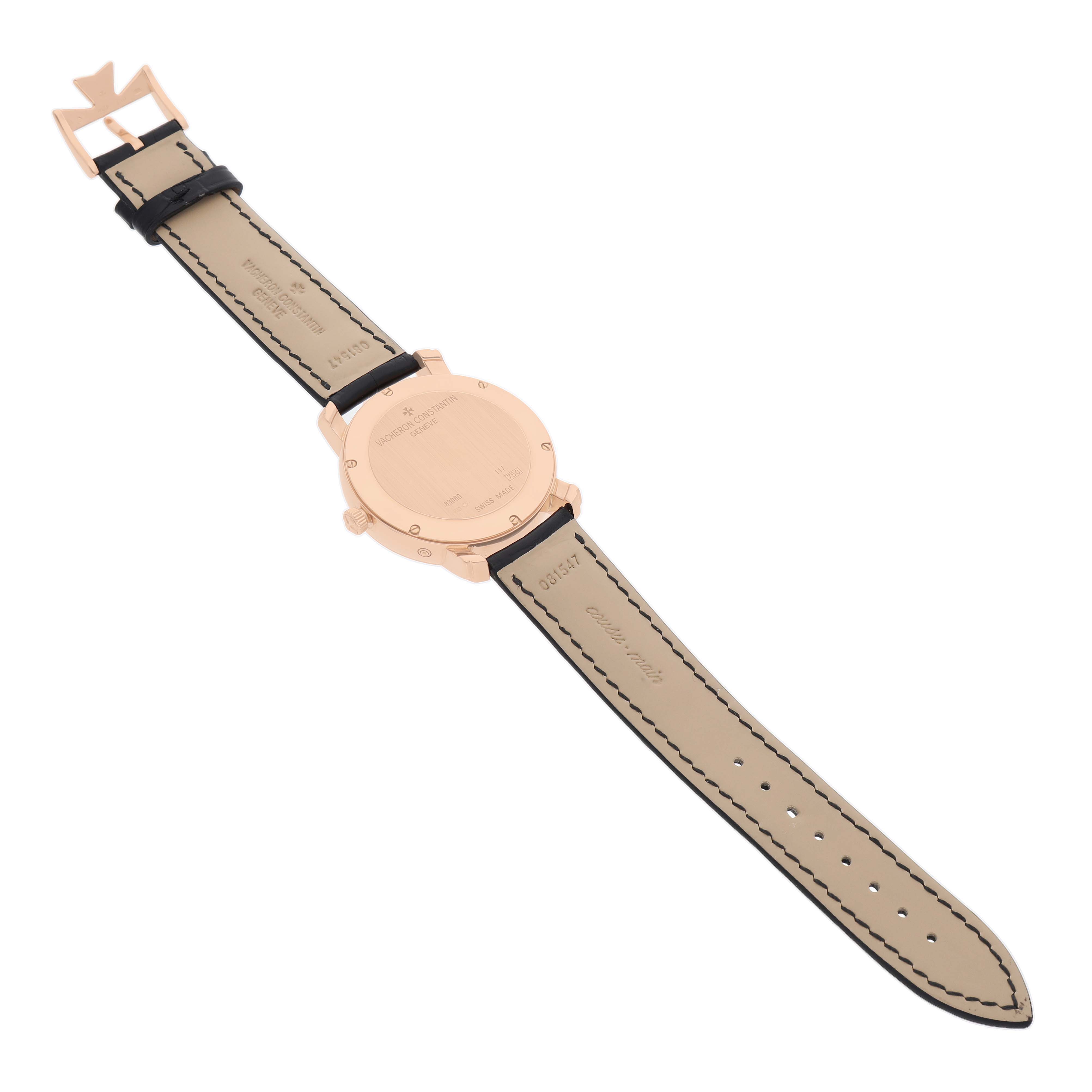 The Vacheron Constantin Malte 83060/000R Men's Rose Gold Black Dial is shown from the back, highlighting the strap and clasp design.