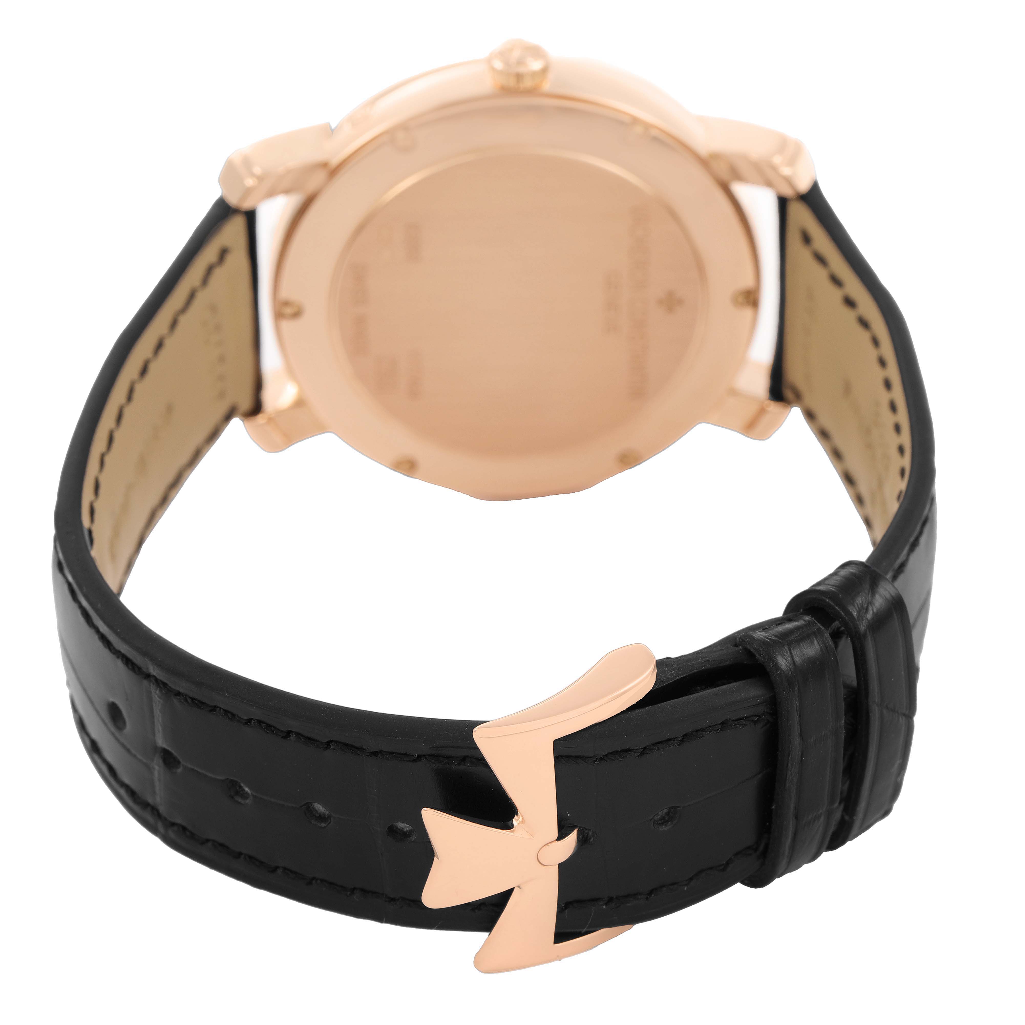 The image shows the back of the Vacheron Constantin Malte 83060/000R Men's Rose Gold Black Dial watch, highlighting the case and leather strap clasp.