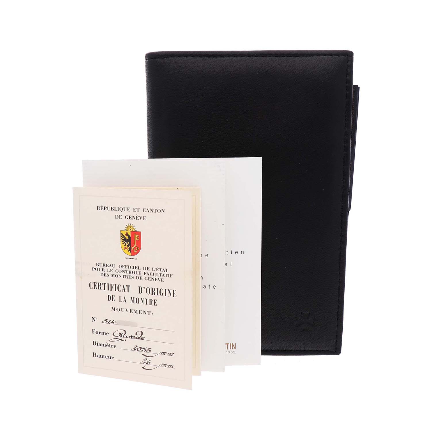The image shows a black Vacheron Constantin case with documentation, likely for the Malte model watch.