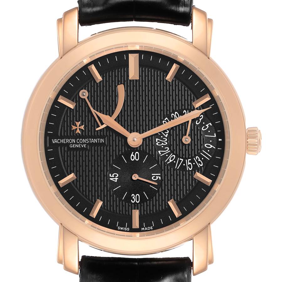 The Vacheron Constantin Malte 83060/000R Men's Rose Gold Black Dial watch is shown from the front, displaying its face, hands, dials, and strap attachment.