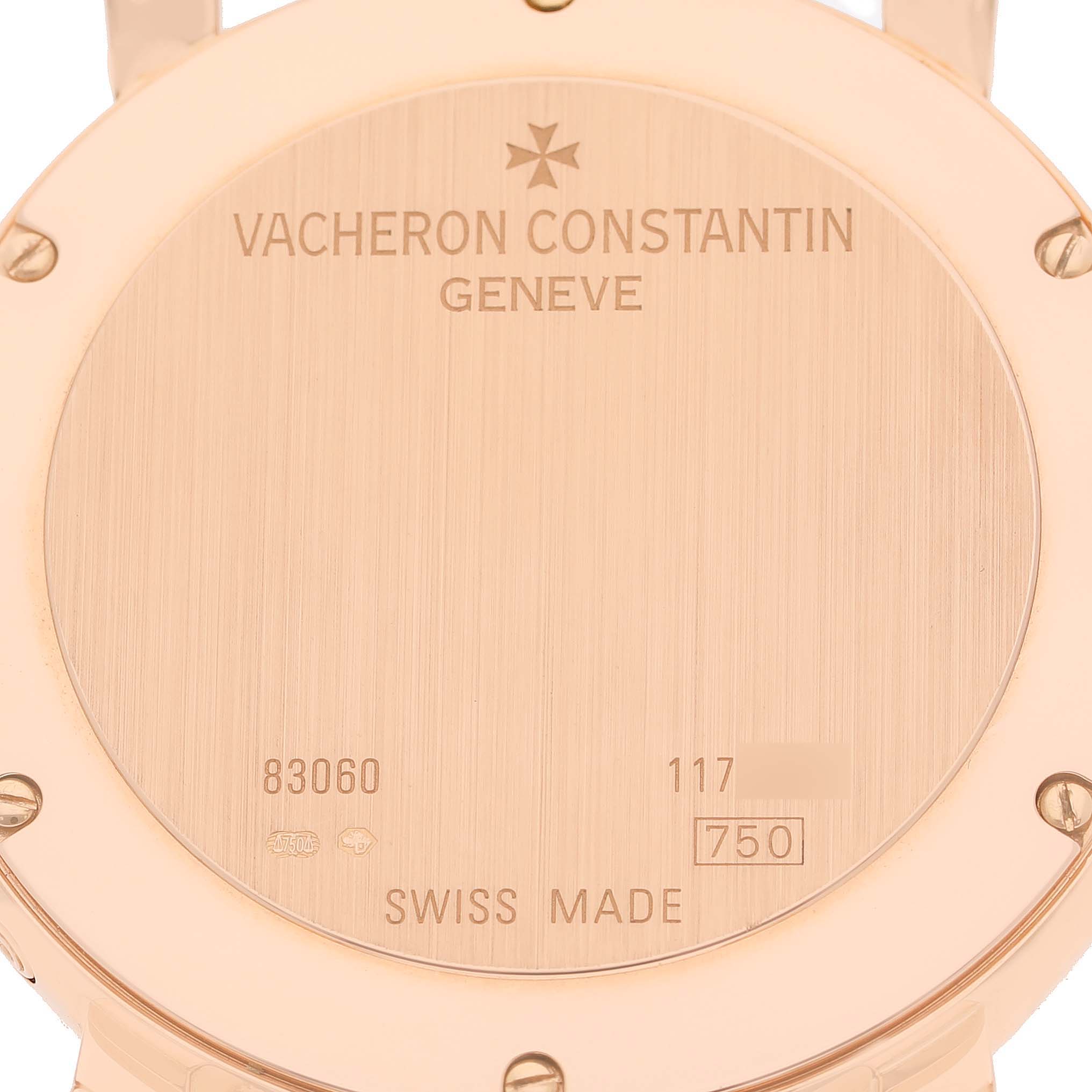 The image shows the back case of a Vacheron Constantin Malte 83060/000R Men's Rose Gold Black Dial watch, viewed directly from the back.