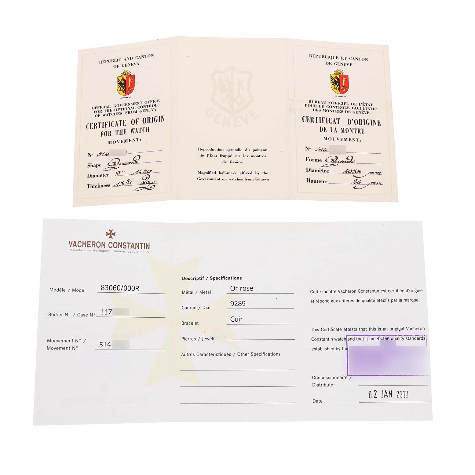 The image shows certificates for the Malte model by Vacheron Constantin, detailing specifications and origin.