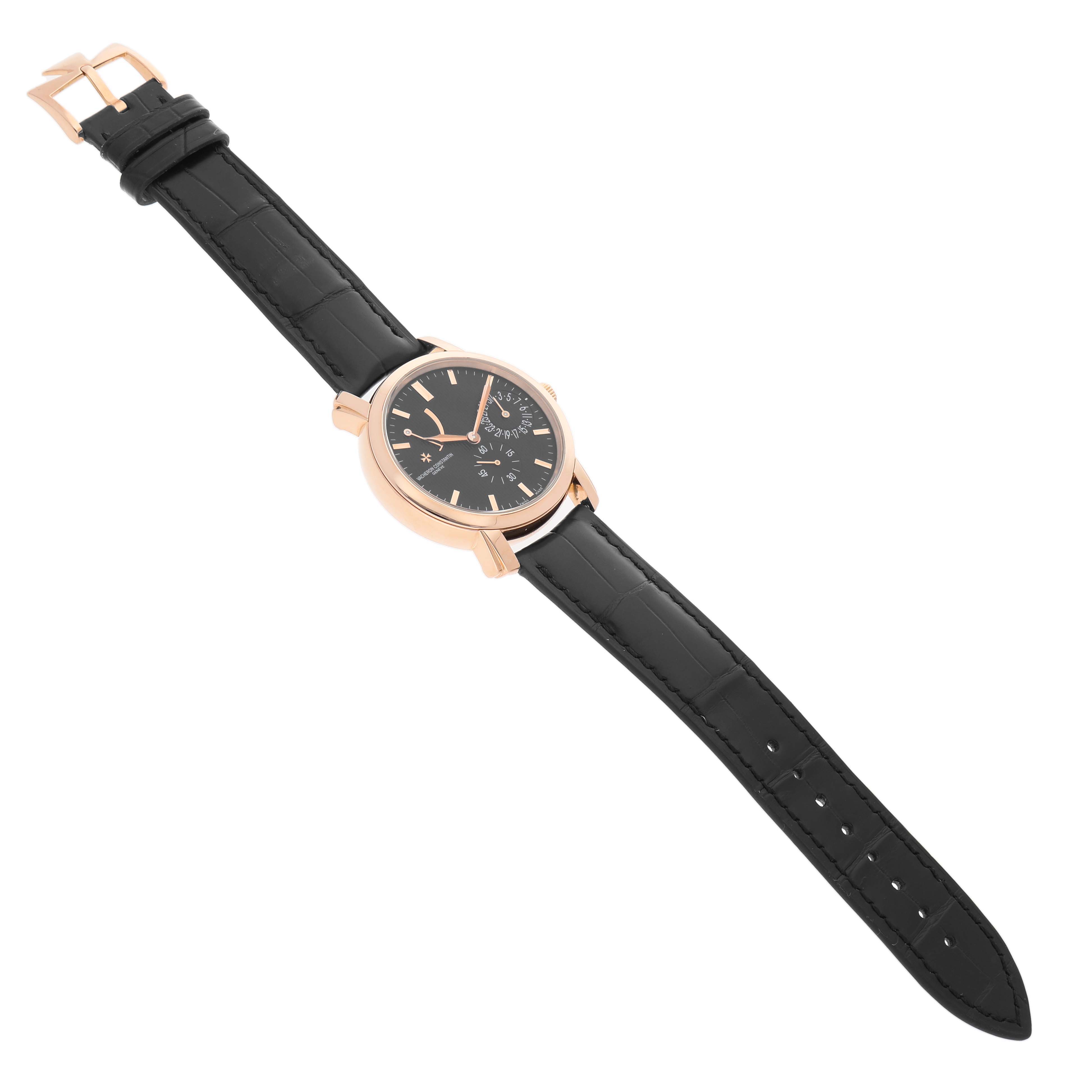 The Malte model by Vacheron Constantin is shown at an upper left angle, displaying the black strap and rose gold case.