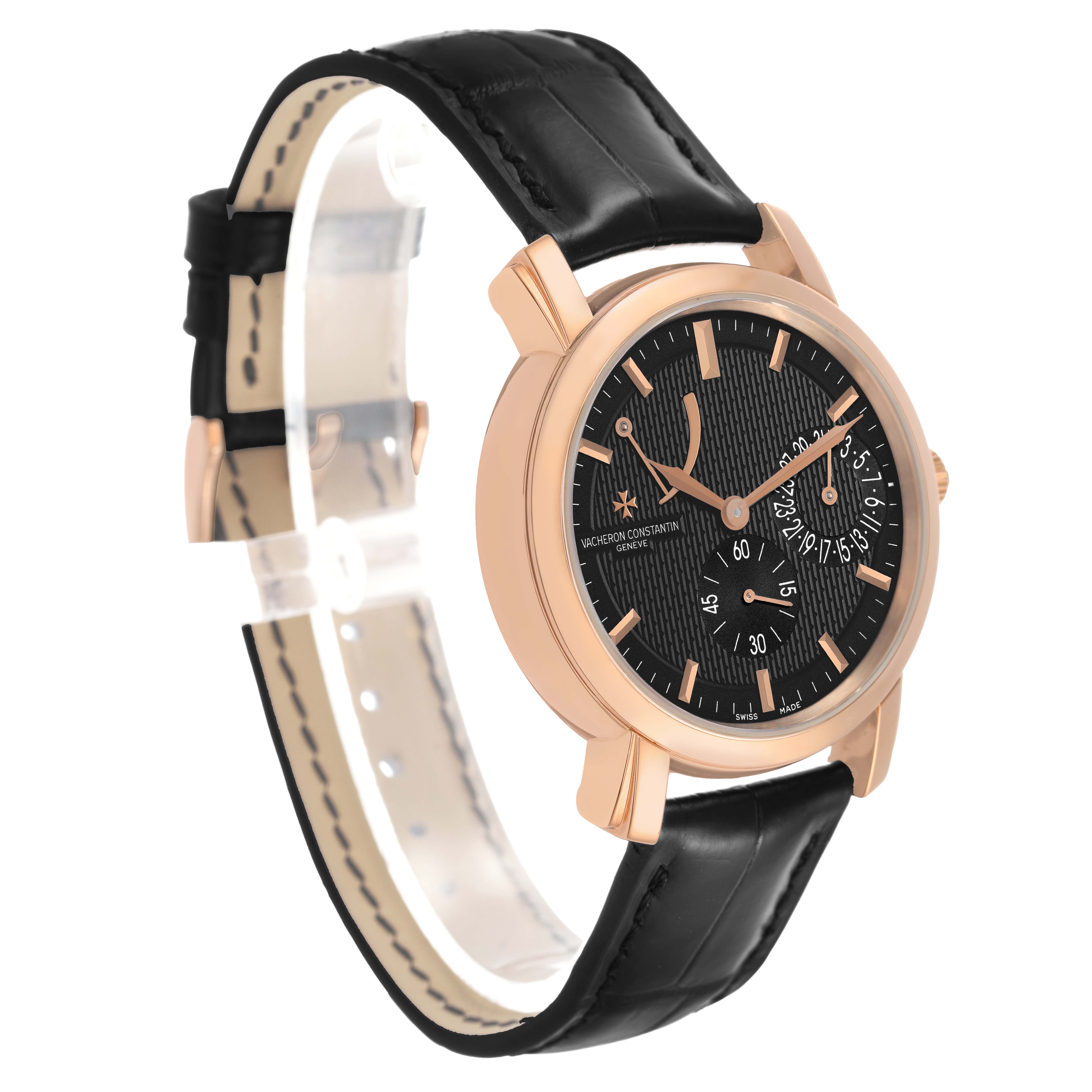 The Vacheron Constantin Malte 83060/000R Men's Rose Gold Black Dial watch is shown at a three-quarter angle, highlighting the face, strap, and case.