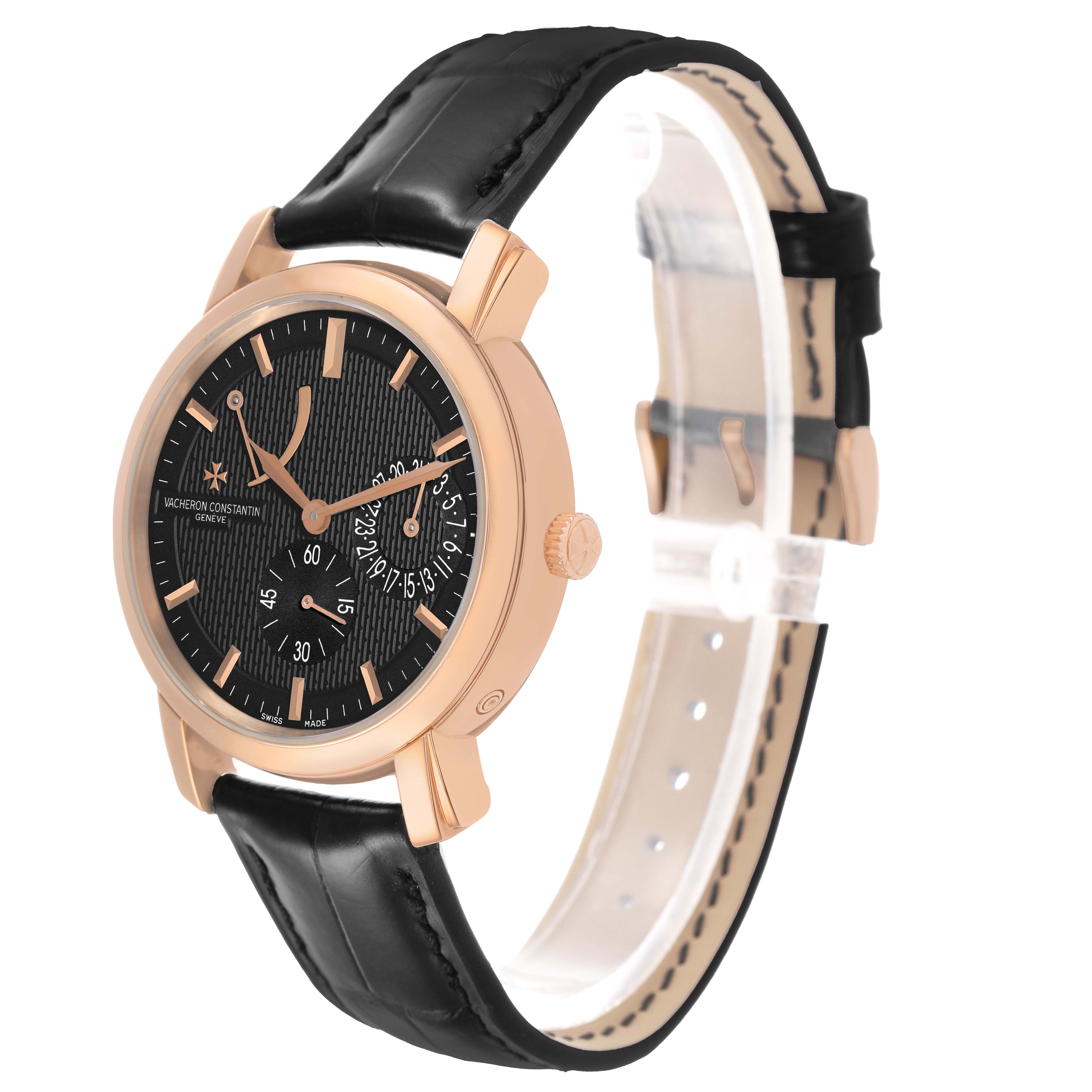 The Vacheron Constantin Malte 83060/000R Men's Rose Gold Black Dial watch is shown from a 3/4 front angle, highlighting its rose gold case, black dial, and leather strap.