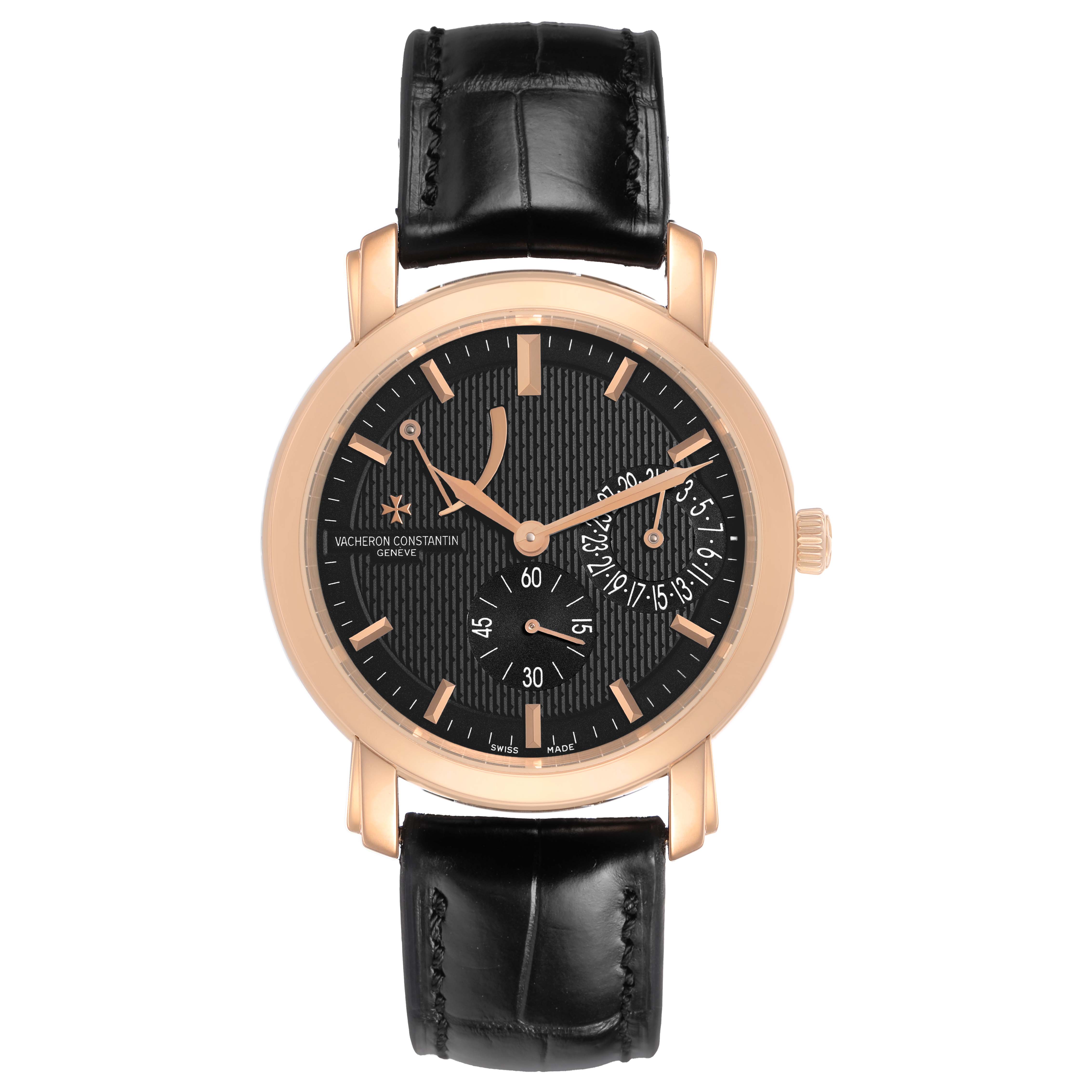 The Vacheron Constantin Malte 83060/000R Men's Rose Gold Black Dial watch is shown from the front, highlighting its dial, hands, indices, and leather strap.