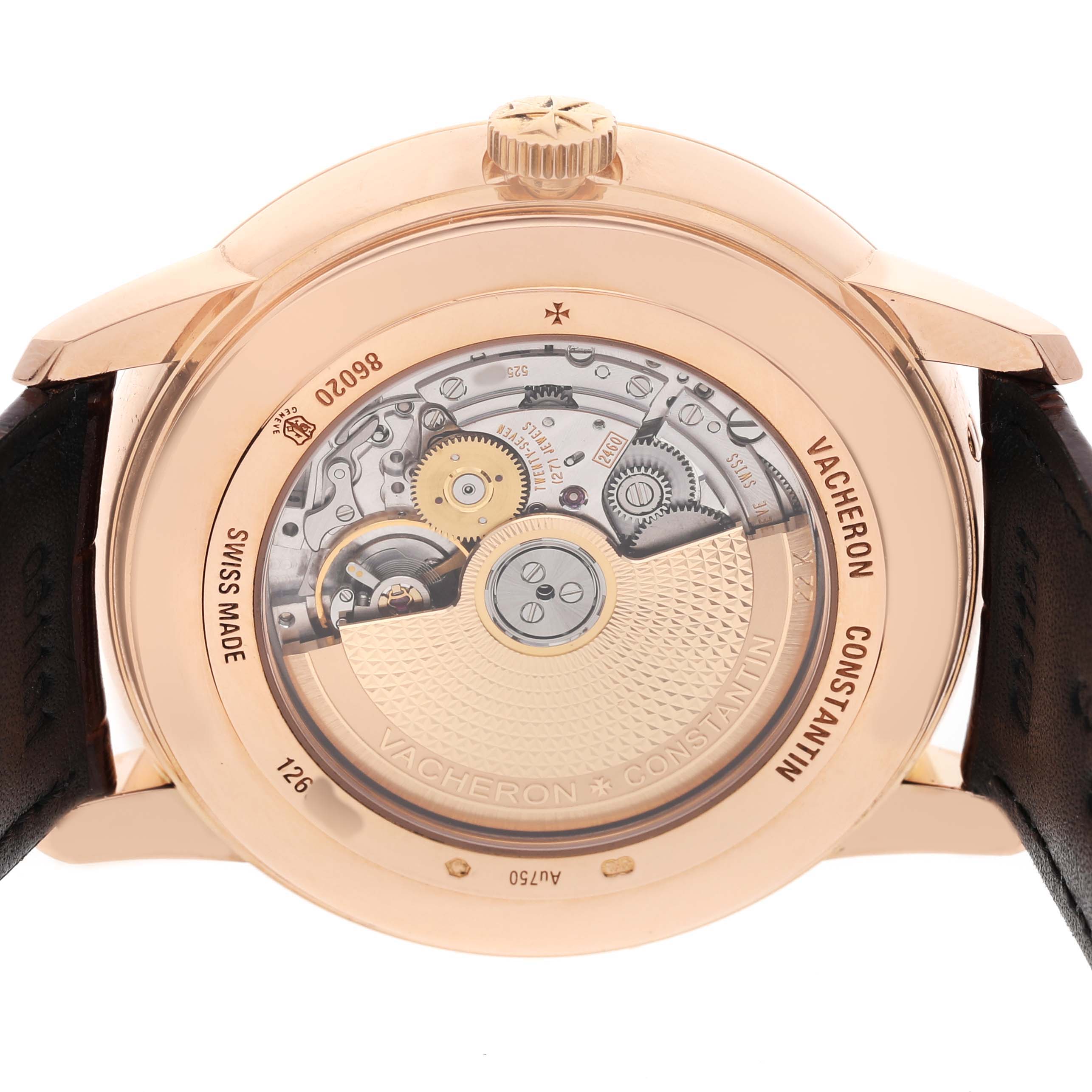 The image shows the back of a Vacheron Constantin Patrimony 86020 Men's Rose Gold Silver Dial watch, highlighting its internal mechanism and rotor.