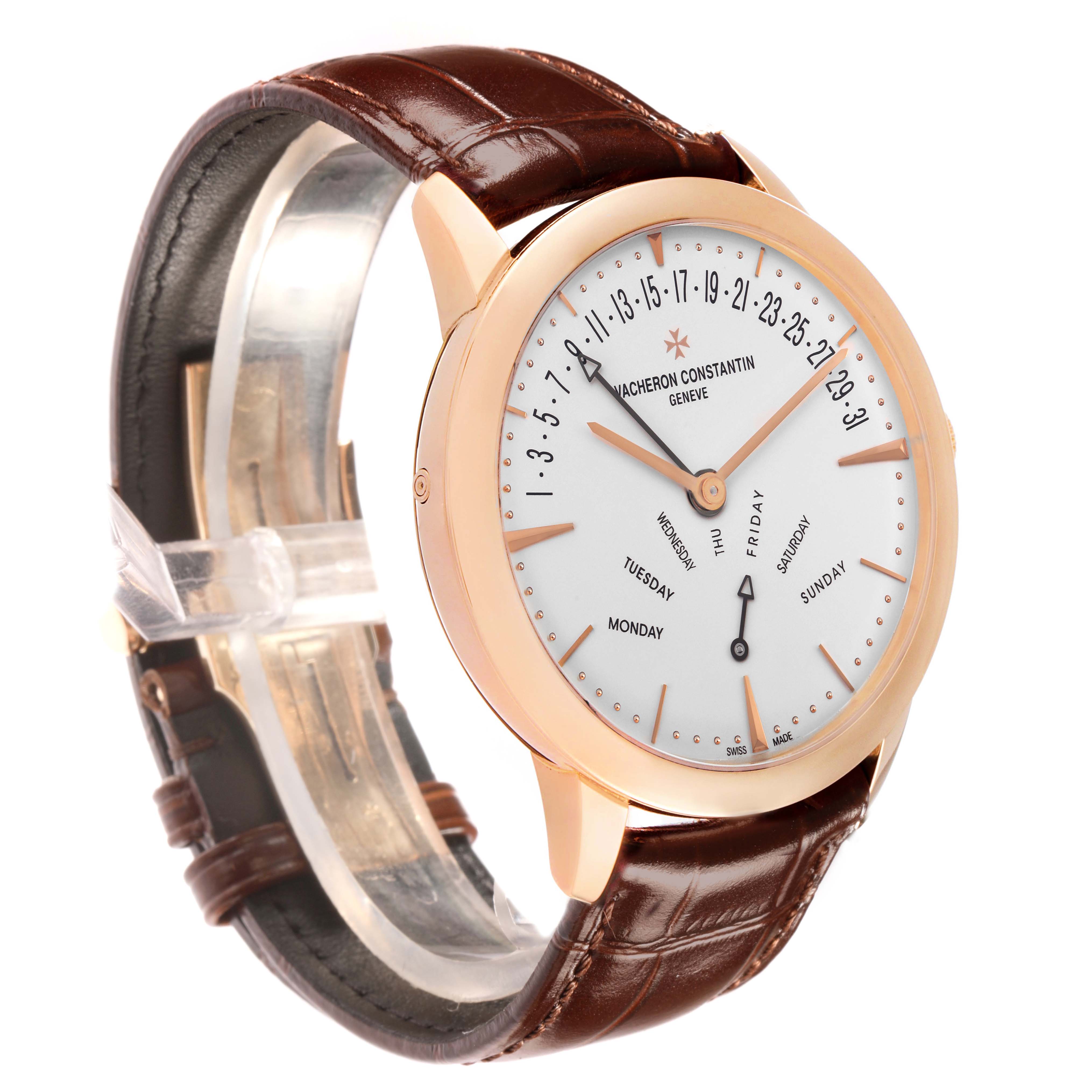 The Vacheron Constantin Patrimony 86020 Men's Rose Gold Silver Dial watch is shown at a slight angle, highlighting the face, dial, and brown leather strap.