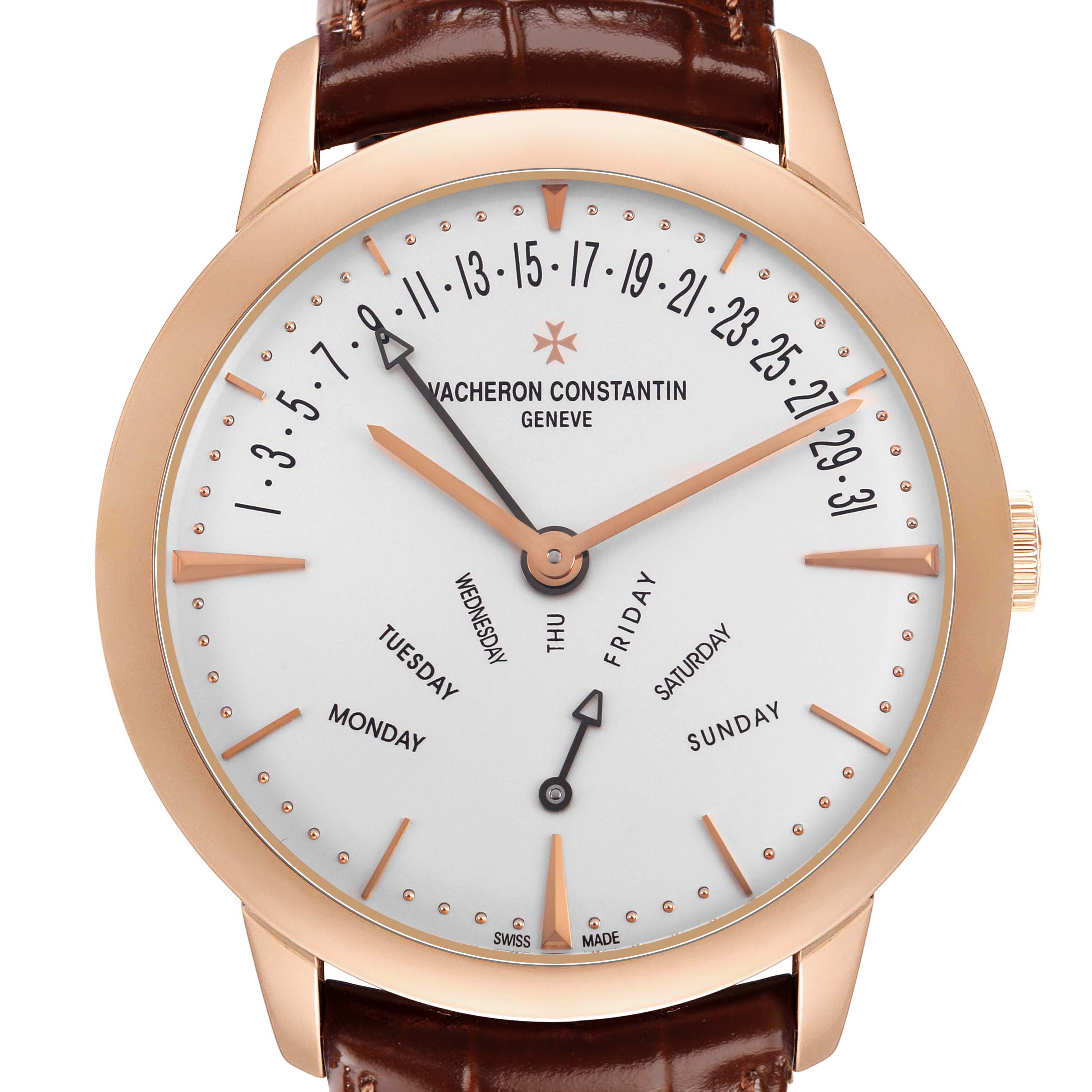 The Vacheron Constantin Patrimony 86020 Men's Rose Gold Silver Dial watch is shown from the front, highlighting the dial, hands, and date indicator.