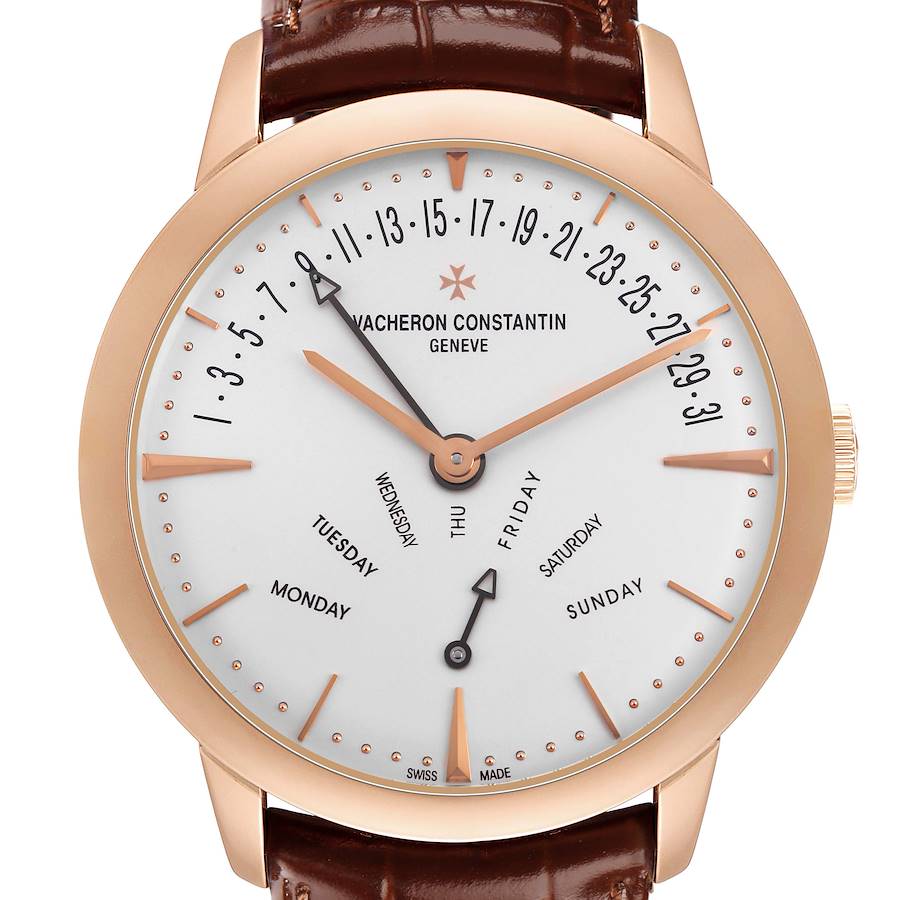 The Vacheron Constantin Patrimony 86020 Men's Rose Gold Silver Dial watch is shown from the front, highlighting the dial, hands, and date indicator.