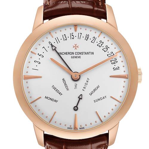 The Vacheron Constantin Patrimony 86020 Men's Rose Gold Silver Dial watch is shown from the front, highlighting its dial, hands, and date markings.