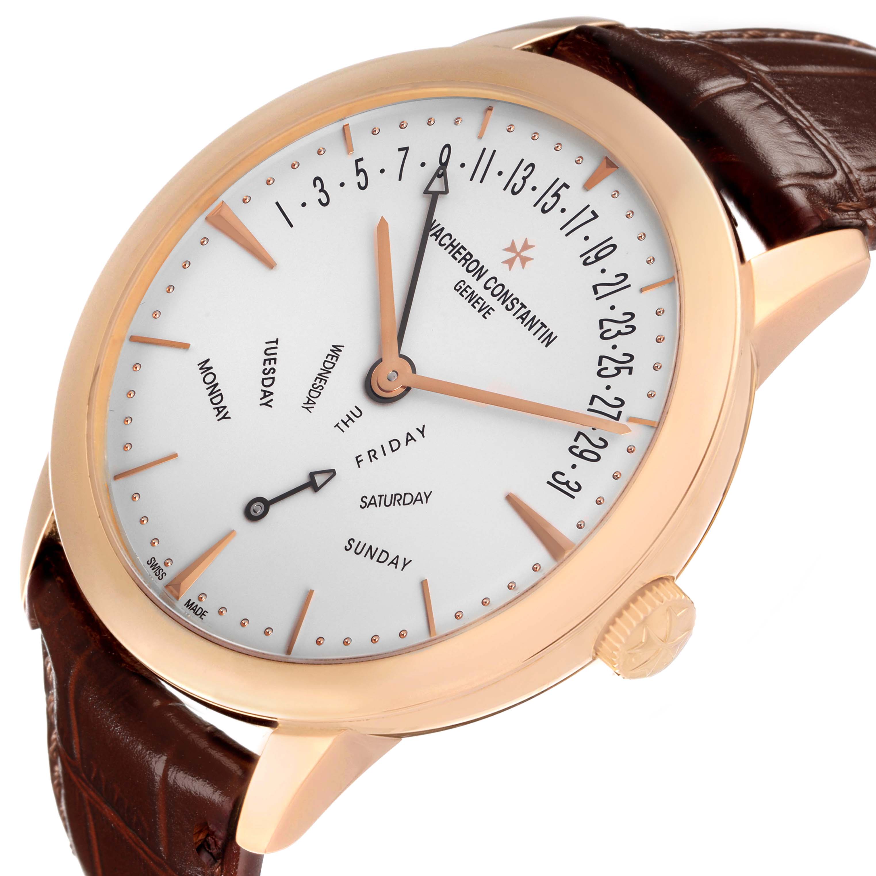The Vacheron Constantin Patrimony 86020 Men's Rose Gold Silver Dial watch is shown at an angled side view, highlighting the dial, brown leather strap, and crown.