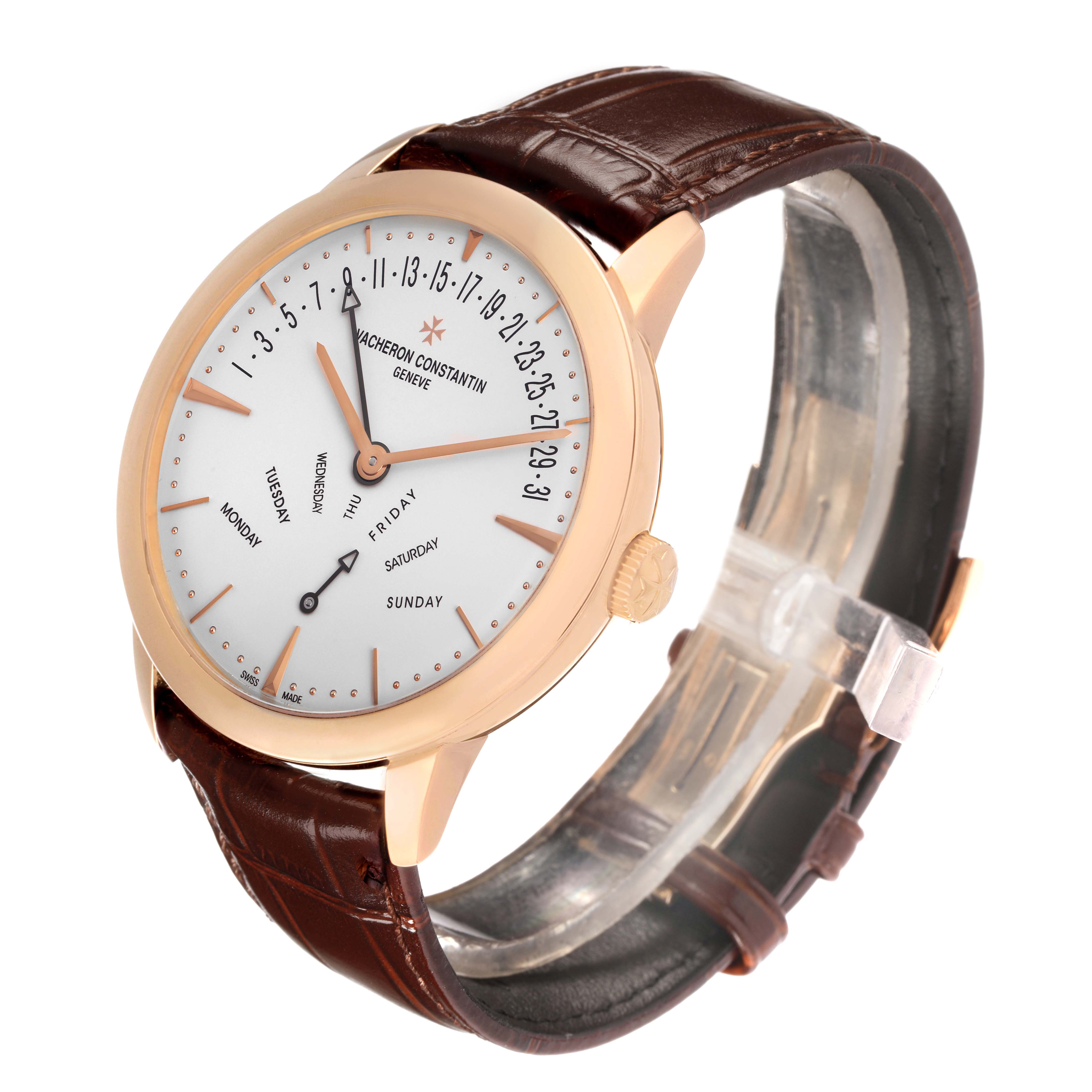 The Vacheron Constantin Patrimony 86020 Men's Rose Gold Silver Dial watch is shown from a three-quarter angle, highlighting the dial, crown, and leather strap.