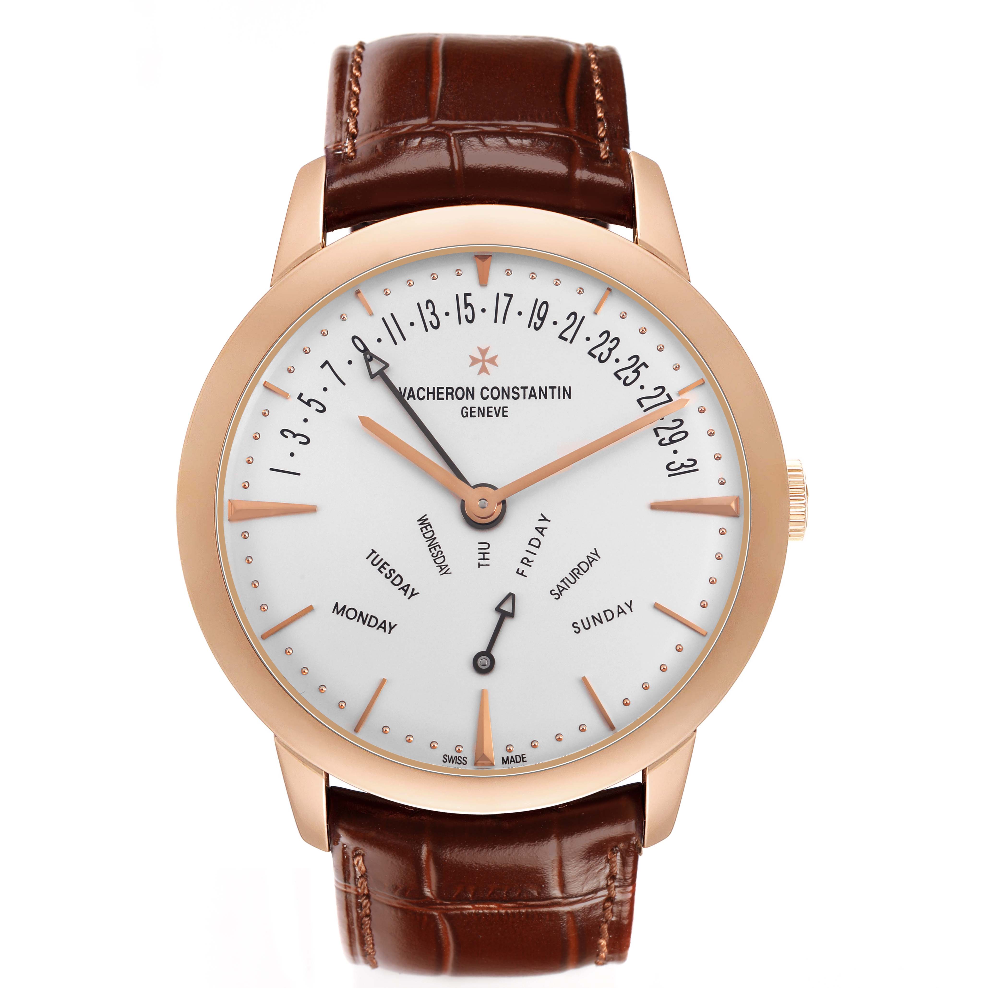 The Vacheron Constantin Patrimony 86020 Men's Rose Gold Silver Dial watch is shown from a front angle, featuring its face, dial, and brown leather strap.