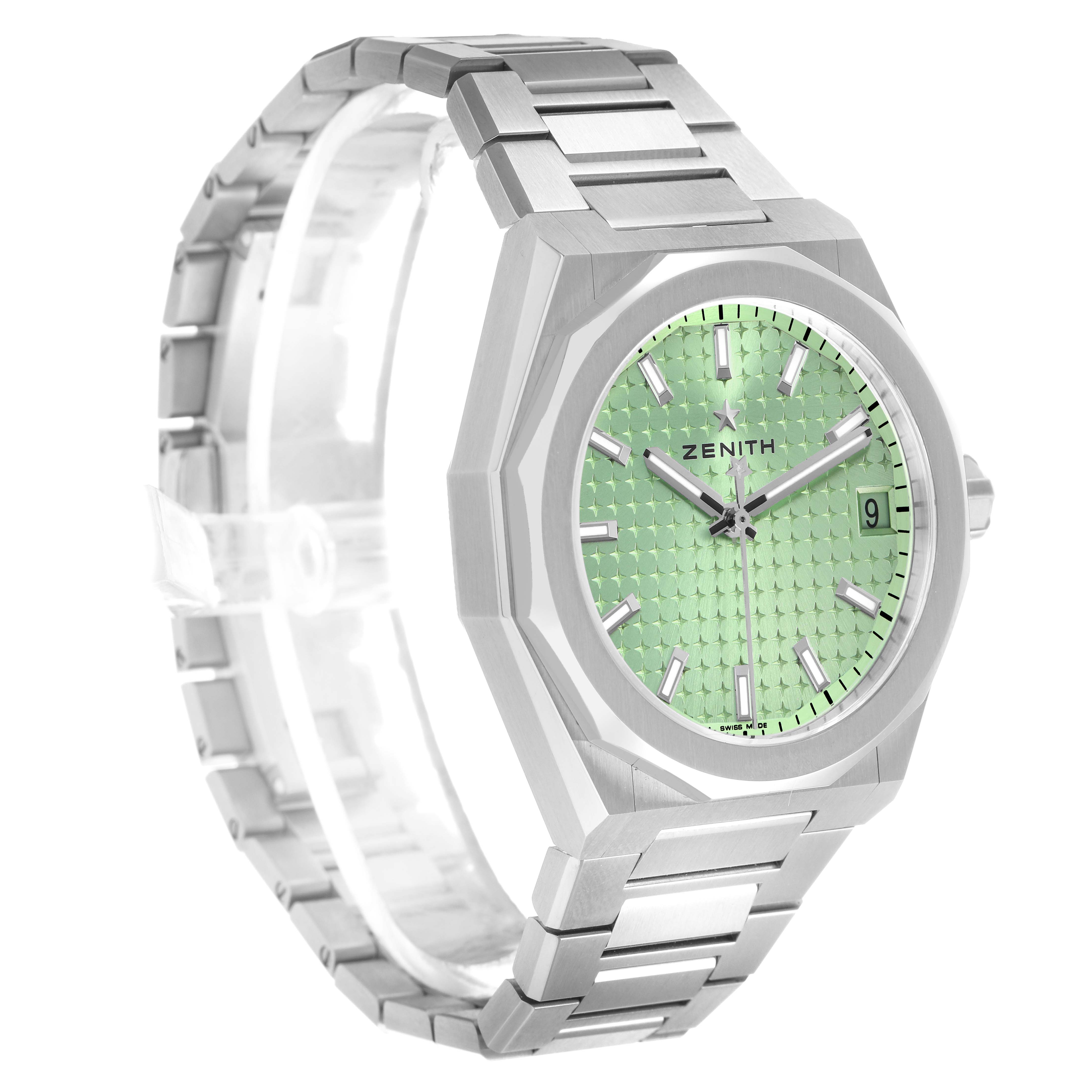 The image shows a Zenith Defy 03.9400.670/61.I001 Men's Stainless Steel Green Dial watch angled from the side, displaying the bracelet, dial, and bezel clearly.