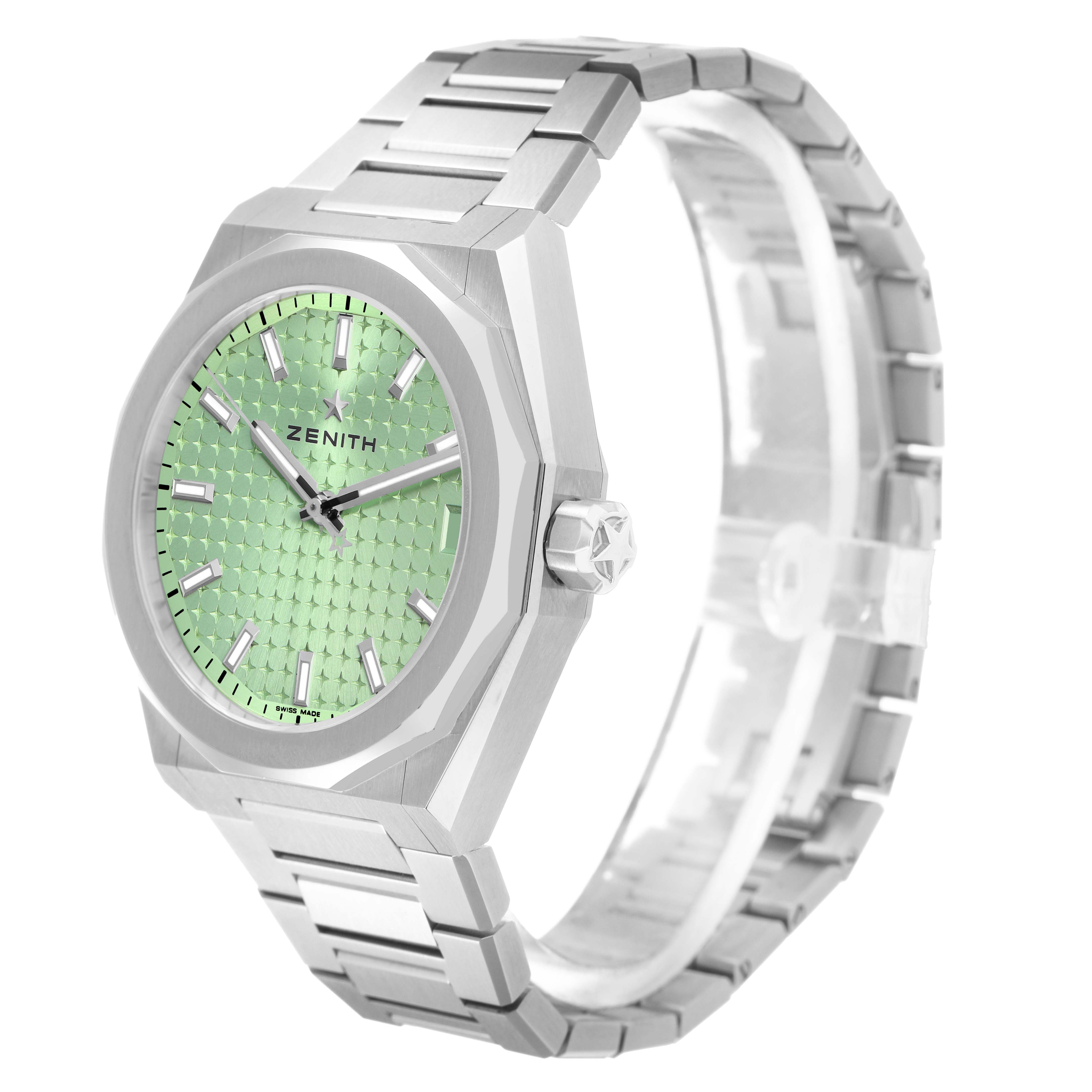 The Zenith Defy 03.9400.670/61.I001 Men's Stainless Steel Green Dial watch is shown at a three-quarter angle, highlighting the bracelet, bezel, dial, and crown.