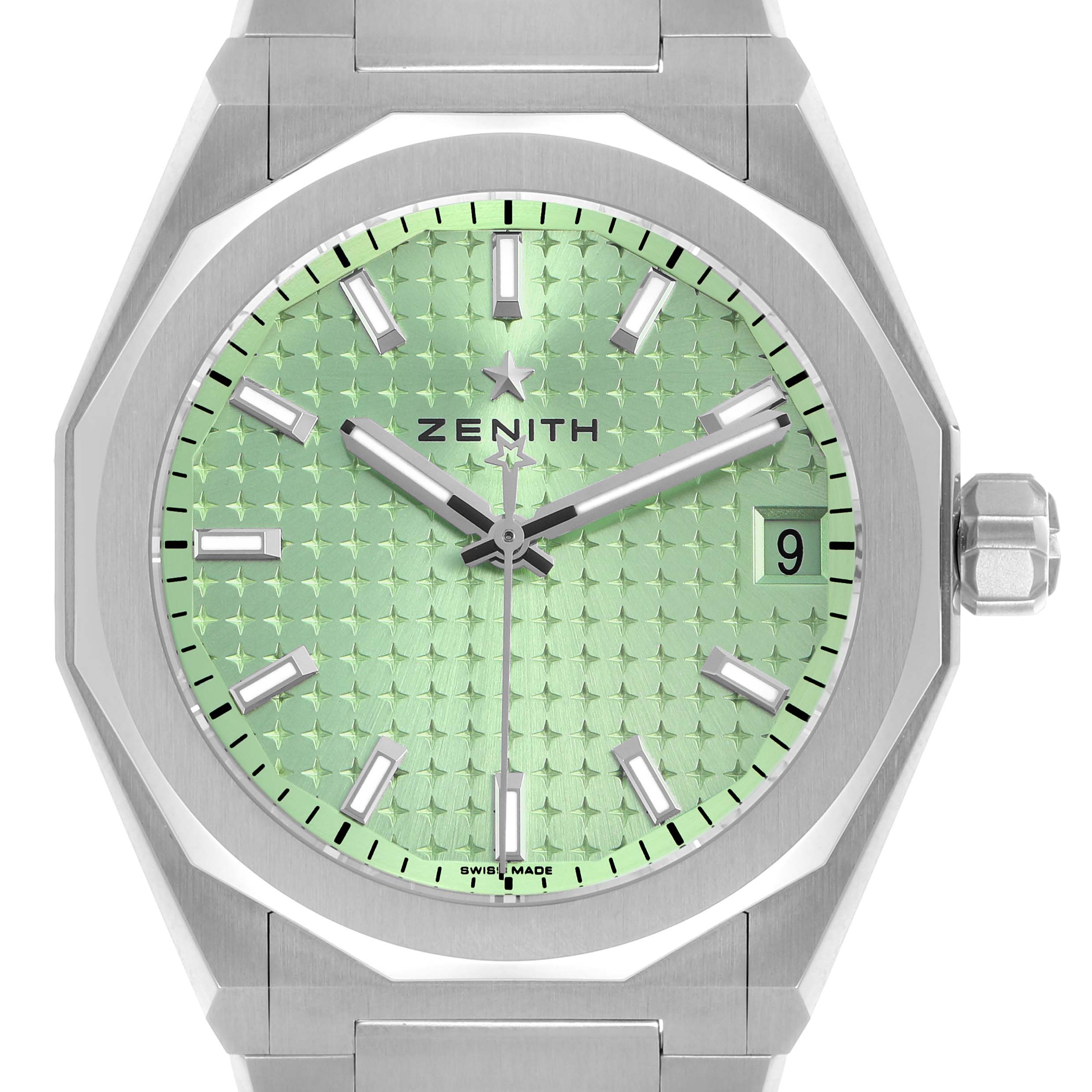 The Zenith Defy 03.9400.670/61.I001 Men's Stainless Steel Green Dial watch is shown from a front angle, displaying the dial, bezel, hands, date window, and part of the bracelet.